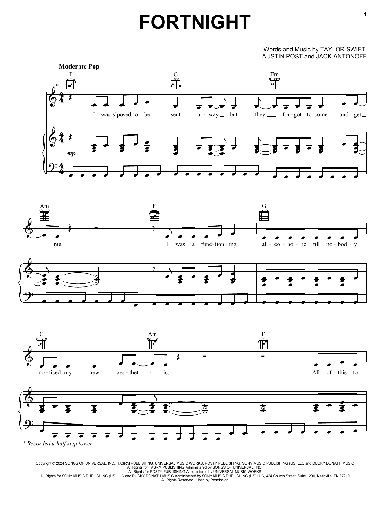 Taylor Swift Fortnight (feat. Post Malone) Sheet Music Notes & Chords for Guitar Chords/Lyrics - Download or Print PDF