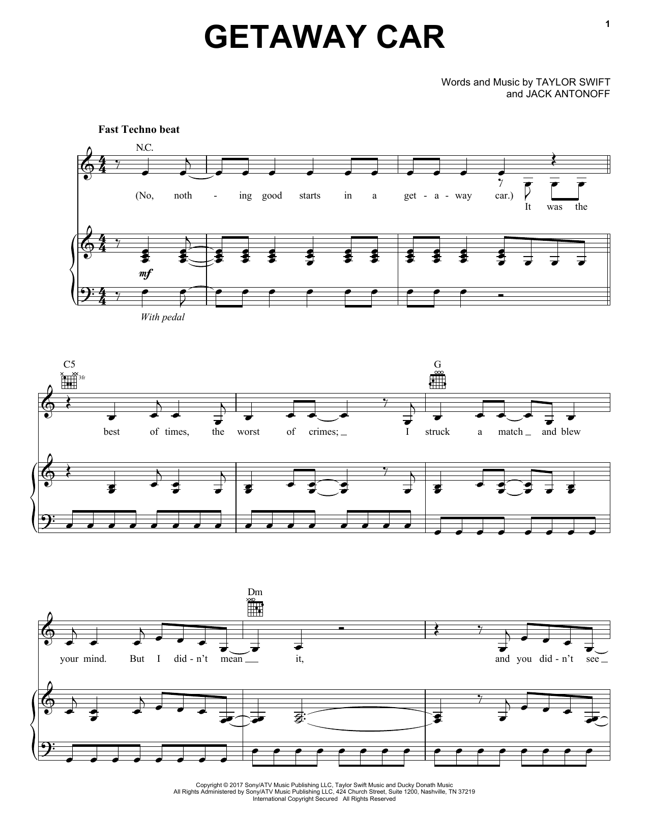 Taylor Swift Getaway Car Sheet Music Notes & Chords for Easy Piano - Download or Print PDF