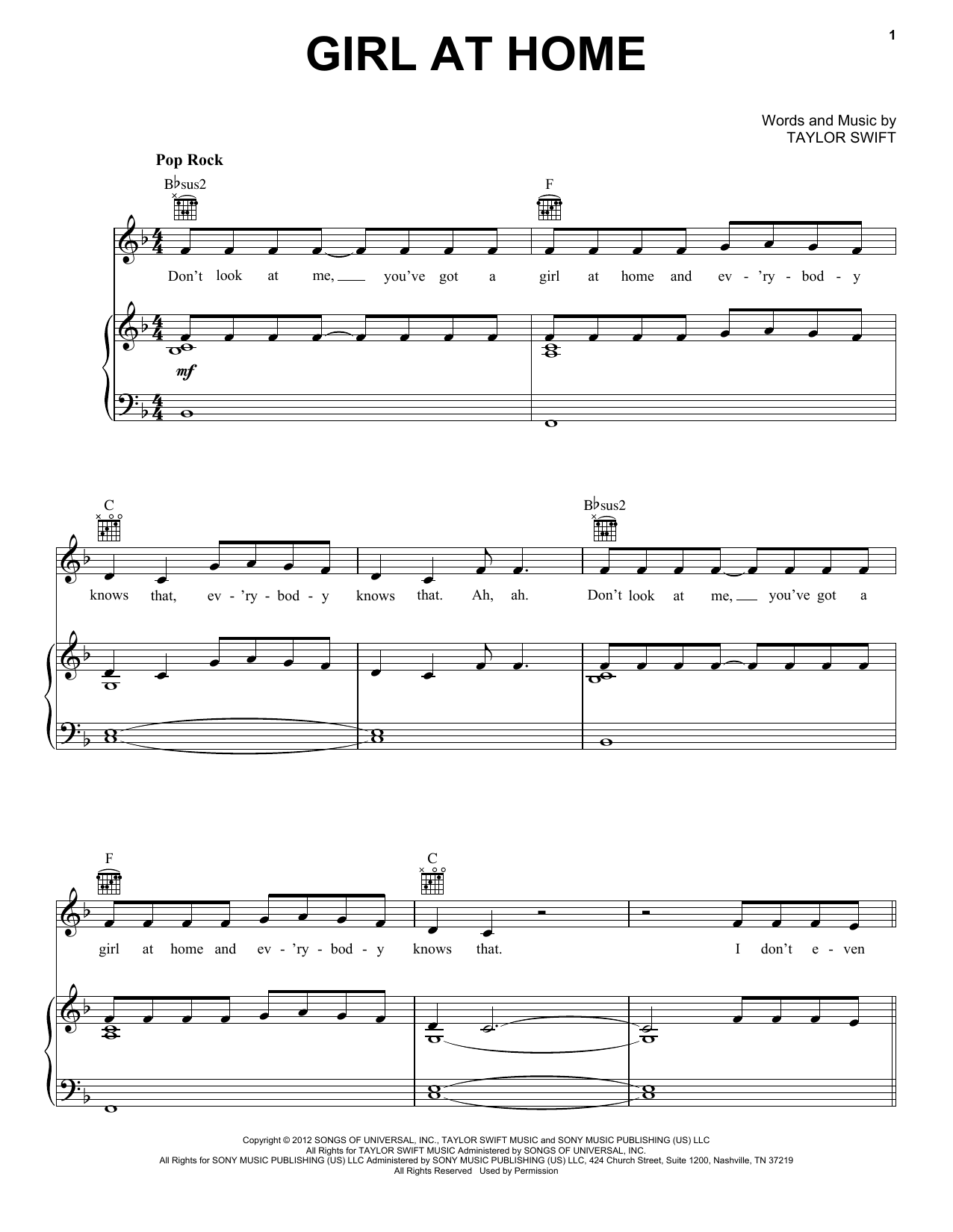 Taylor Swift Girl At Home (Taylor's Version) Sheet Music Notes & Chords for Piano, Vocal & Guitar Chords (Right-Hand Melody) - Download or Print PDF