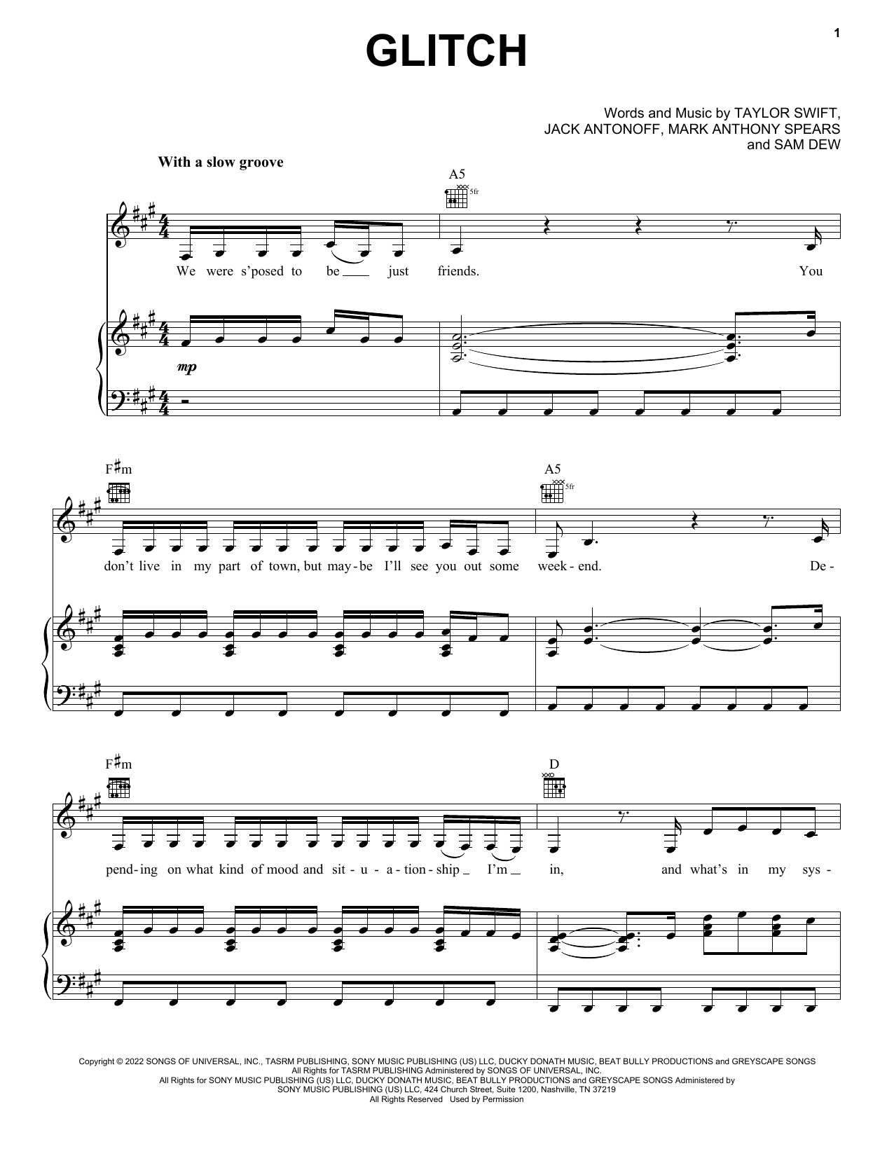 Taylor Swift Glitch Sheet Music Notes & Chords for Piano, Vocal & Guitar Chords (Right-Hand Melody) - Download or Print PDF
