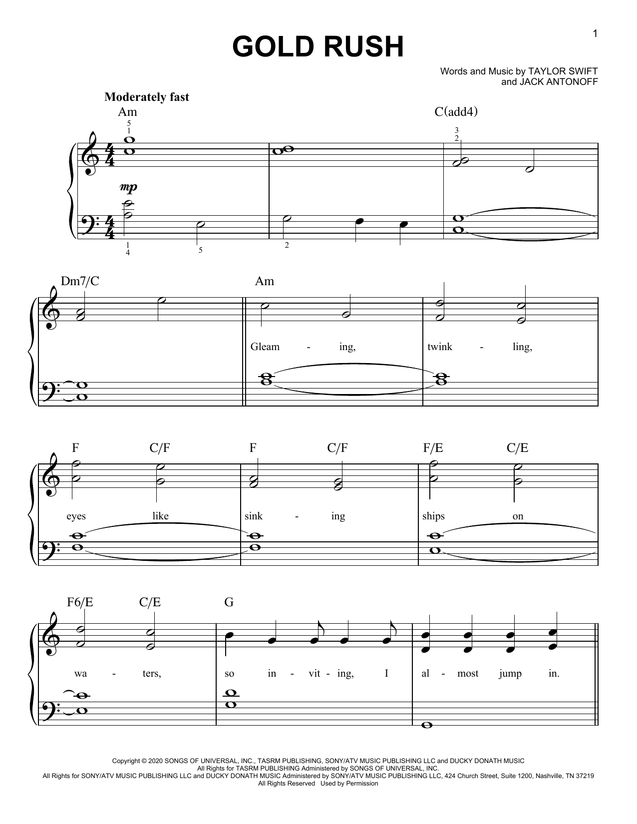 Taylor Swift gold rush Sheet Music Notes & Chords for Easy Piano - Download or Print PDF