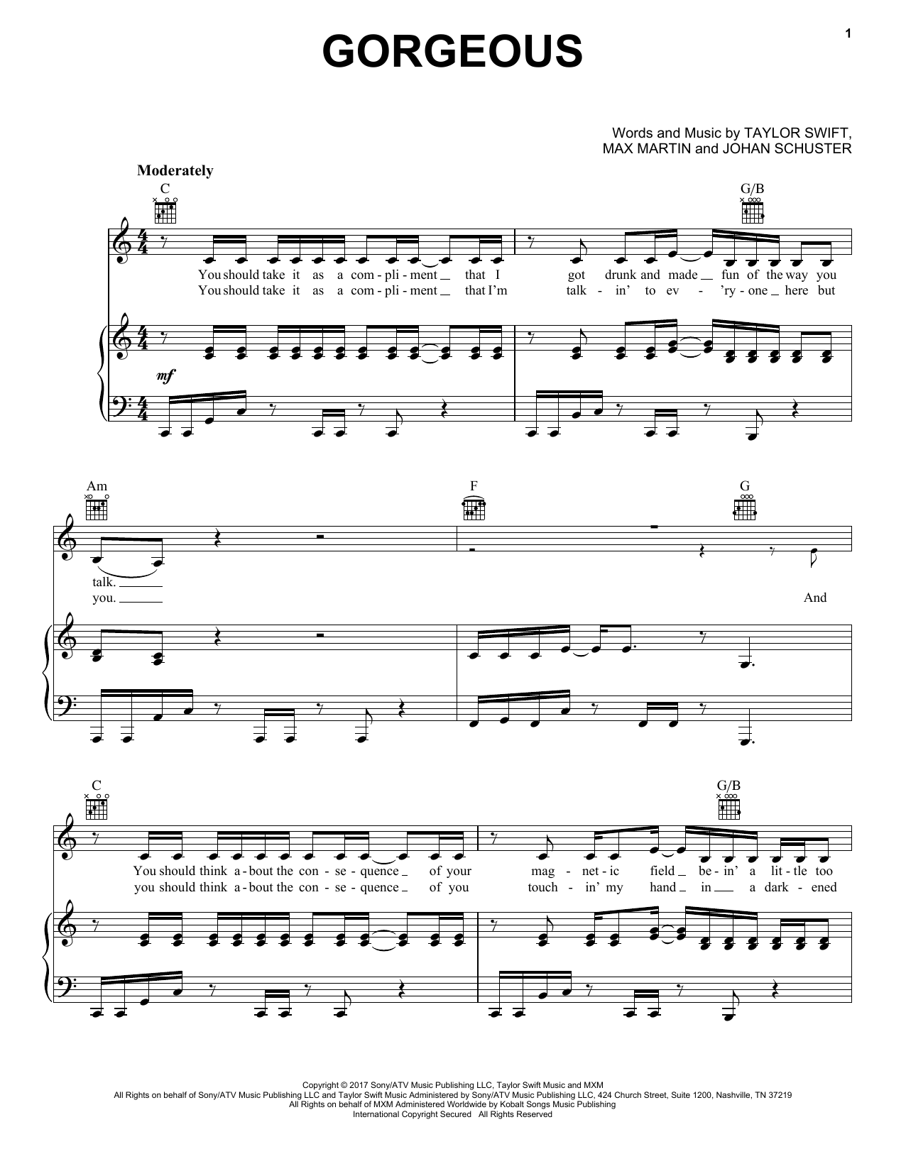 Taylor Swift Gorgeous Sheet Music Notes & Chords for Piano, Vocal & Guitar (Right-Hand Melody) - Download or Print PDF
