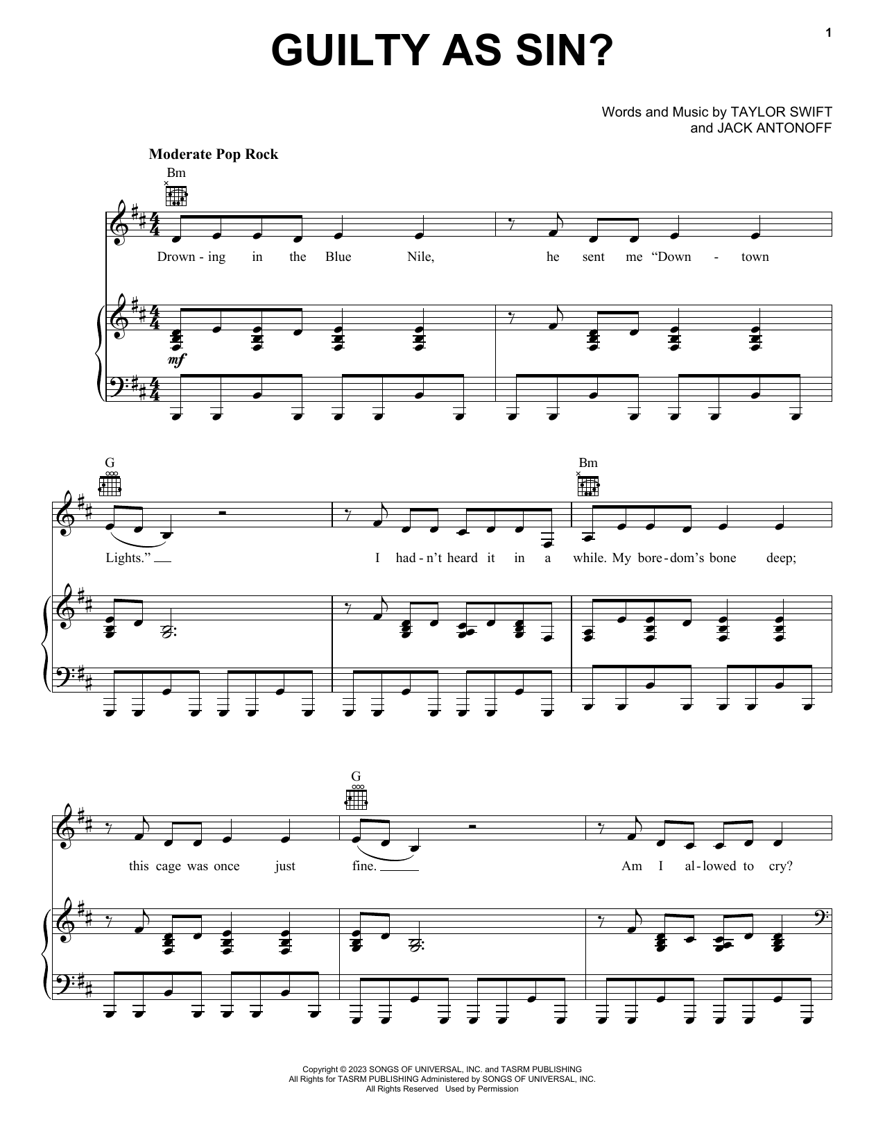 Taylor Swift Guilty as Sin? Sheet Music Notes & Chords for Easy Piano - Download or Print PDF