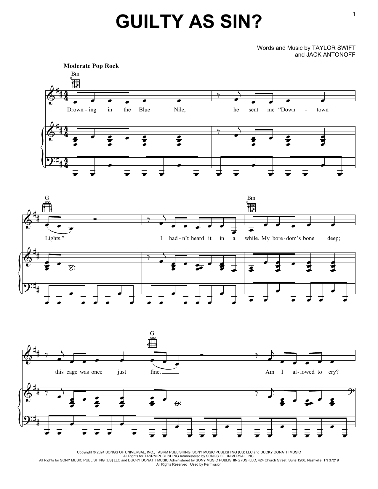 Taylor Swift Guilty as Sin? Sheet Music Notes & Chords for Easy Piano - Download or Print PDF