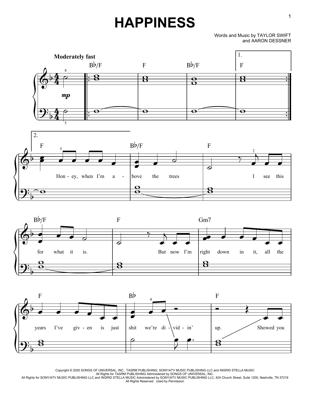 Taylor Swift happiness Sheet Music Notes & Chords for Easy Piano - Download or Print PDF