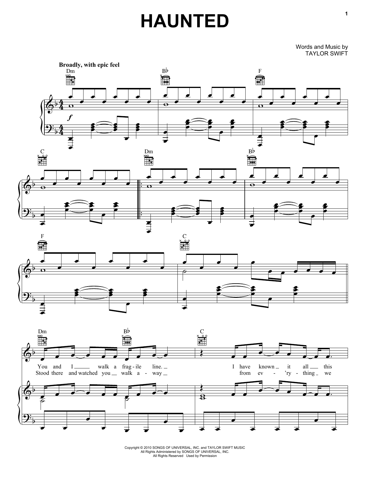 Taylor Swift Haunted Sheet Music Notes & Chords for Easy Guitar Tab - Download or Print PDF