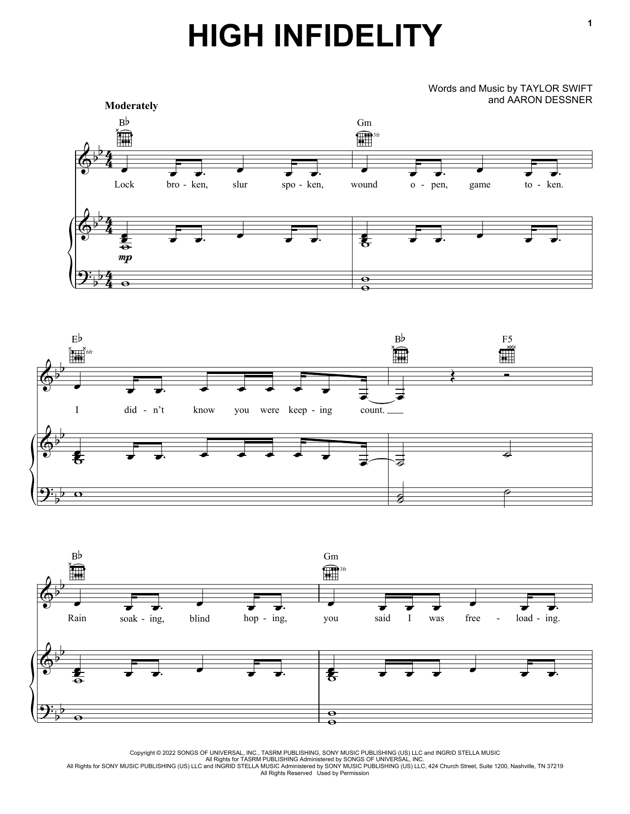 Taylor Swift High Infidelity Sheet Music Notes & Chords for Piano, Vocal & Guitar Chords (Right-Hand Melody) - Download or Print PDF
