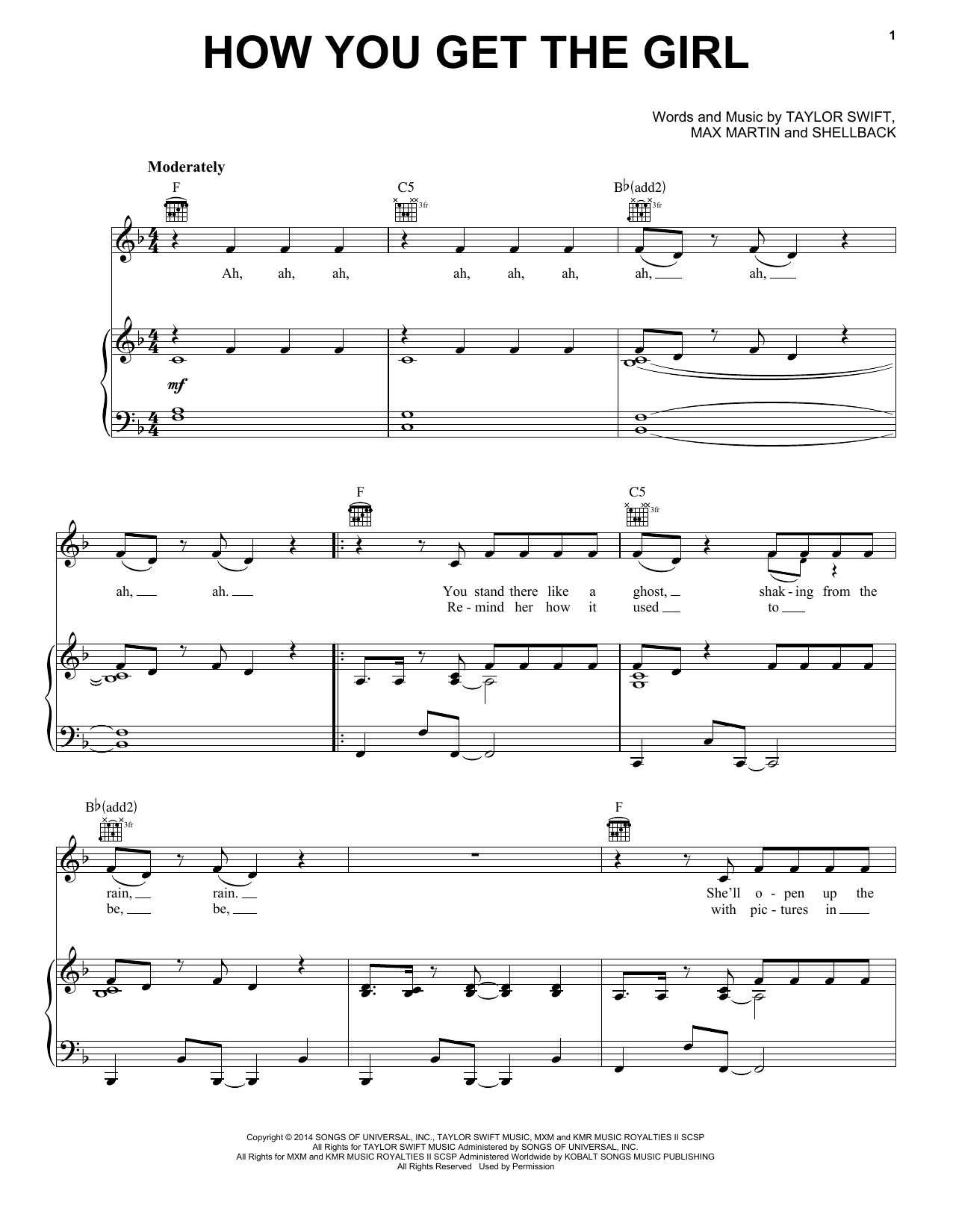 Taylor Swift How You Get The Girl Sheet Music Notes & Chords for Piano, Vocal & Guitar (Right-Hand Melody) - Download or Print PDF