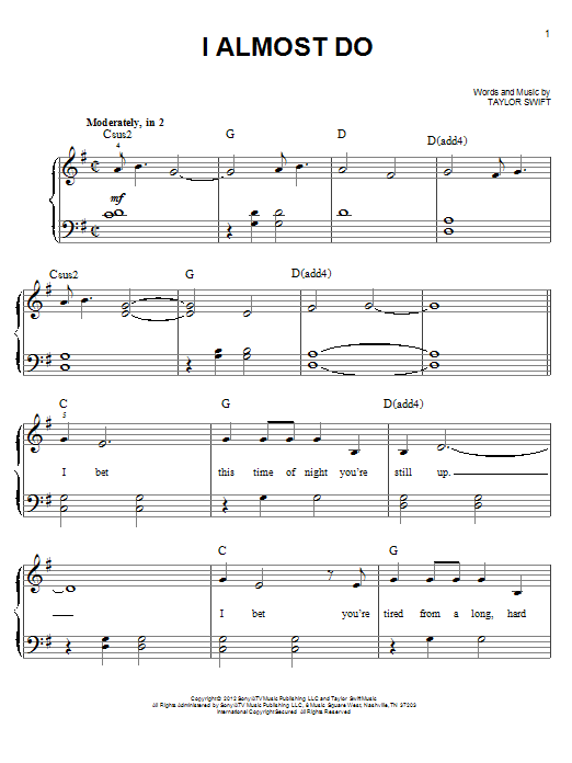 Taylor Swift I Almost Do Sheet Music Notes & Chords for Piano (Big Notes) - Download or Print PDF