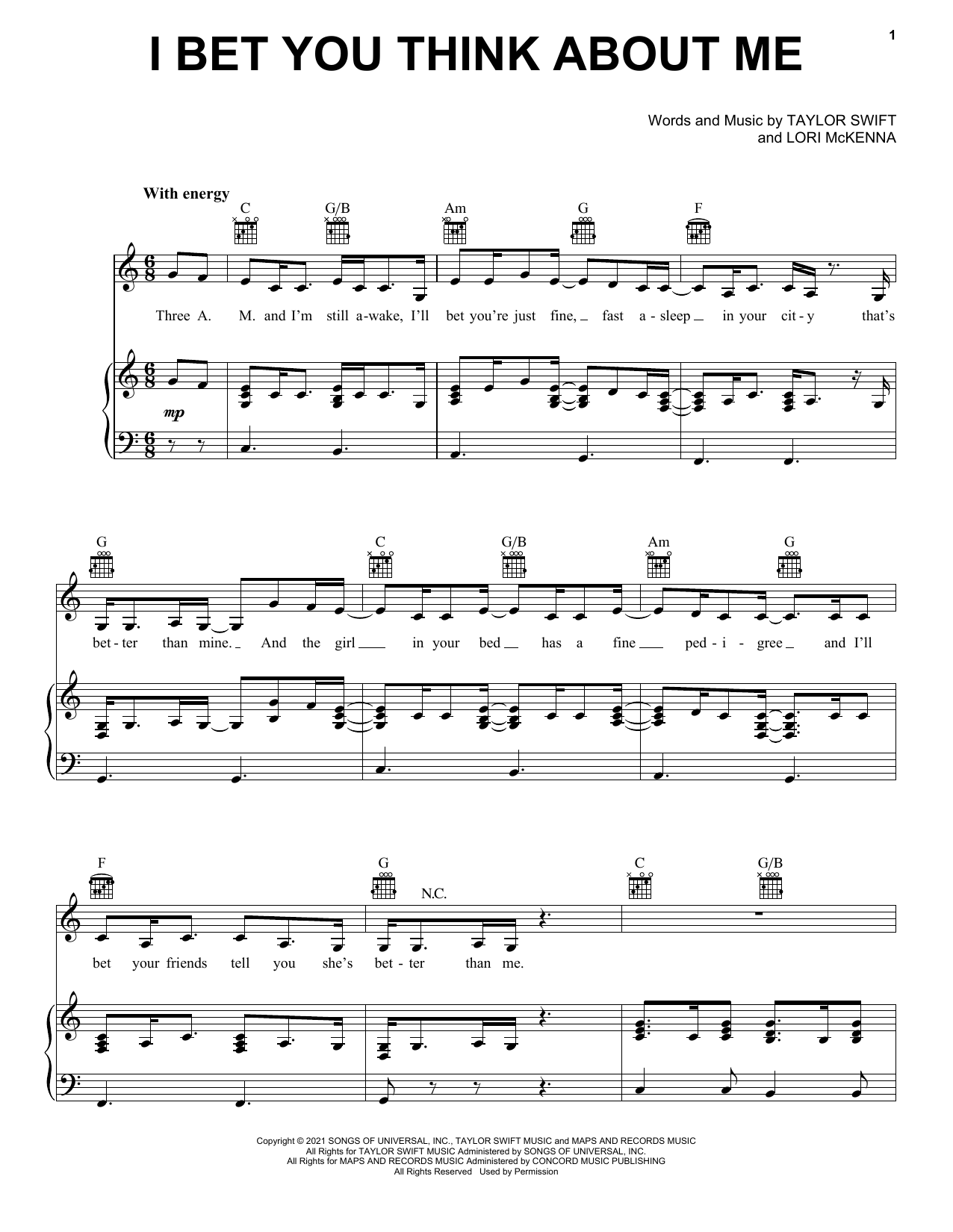 Taylor Swift I Bet You Think About Me (feat. Chris Stapleton) (Taylor's Version) (From The Vault) Sheet Music Notes & Chords for Piano, Vocal & Guitar Chords (Right-Hand Melody) - Download or Print PDF