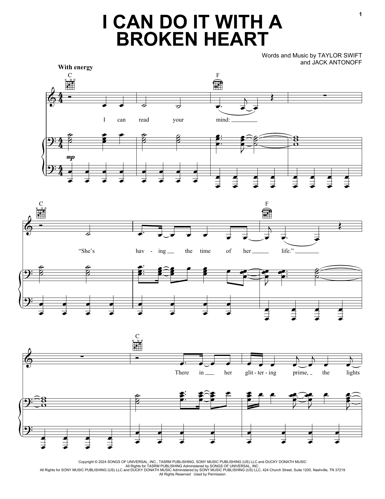 Taylor Swift I Can Do It with a Broken Heart Sheet Music Notes & Chords for Piano, Vocal & Guitar Chords (Right-Hand Melody) - Download or Print PDF