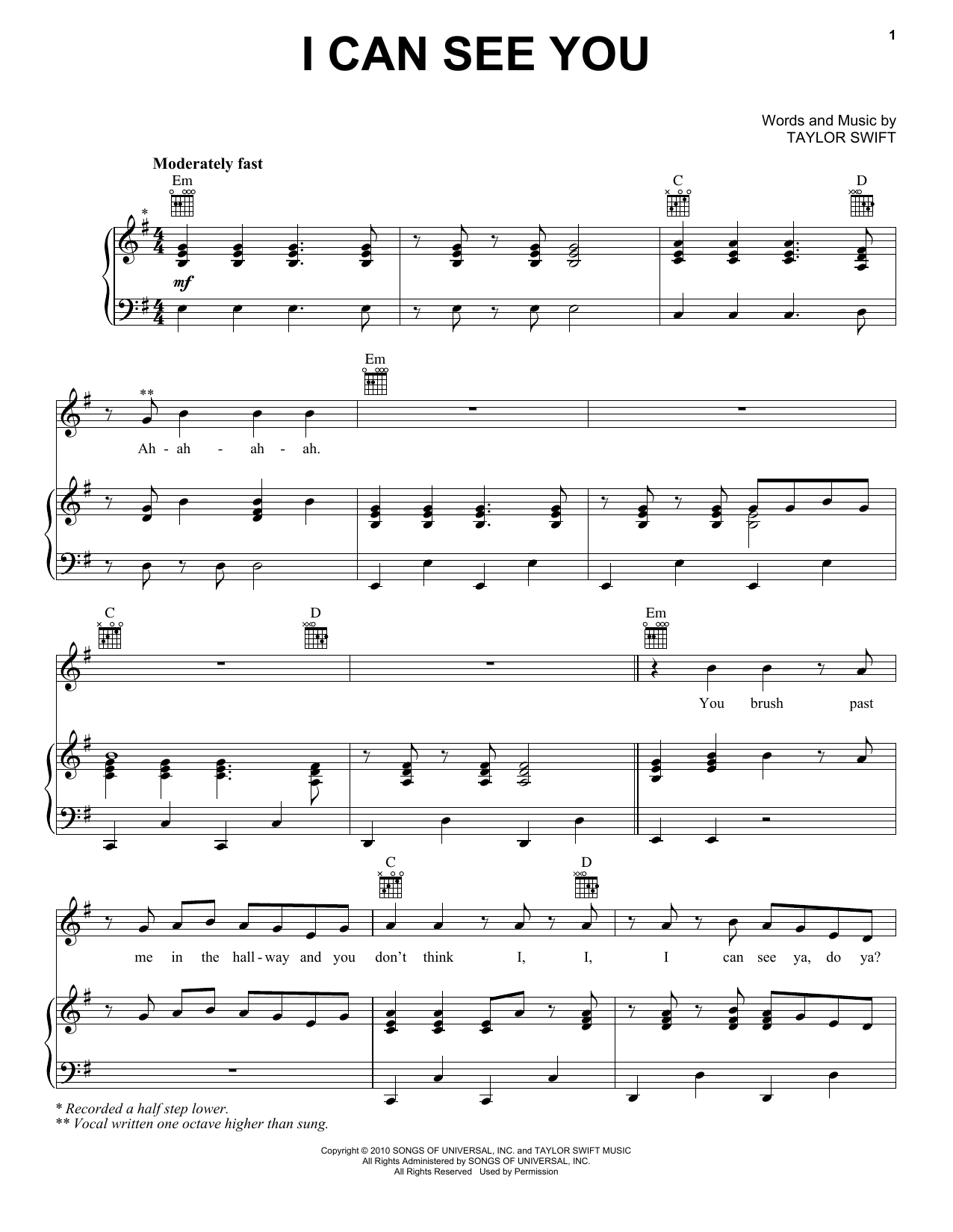 Taylor Swift I Can See You (Taylor's Version) (From The Vault) Sheet Music Notes & Chords for Piano, Vocal & Guitar Chords (Right-Hand Melody) - Download or Print PDF