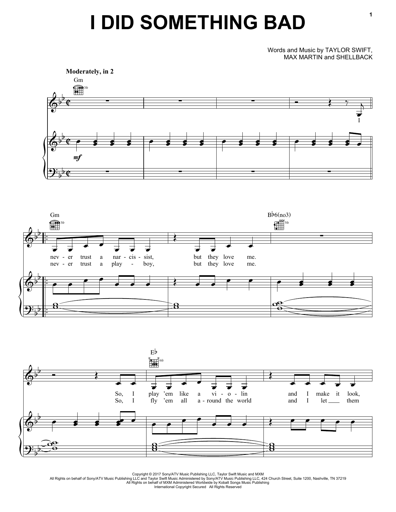 Taylor Swift I Did Something Bad Sheet Music Notes & Chords for Piano, Vocal & Guitar (Right-Hand Melody) - Download or Print PDF