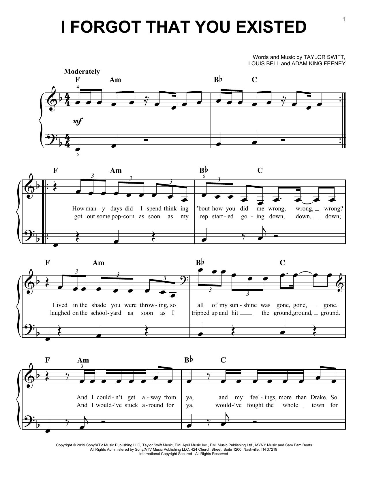 Taylor Swift I Forgot That You Existed Sheet Music Notes & Chords for Easy Piano - Download or Print PDF