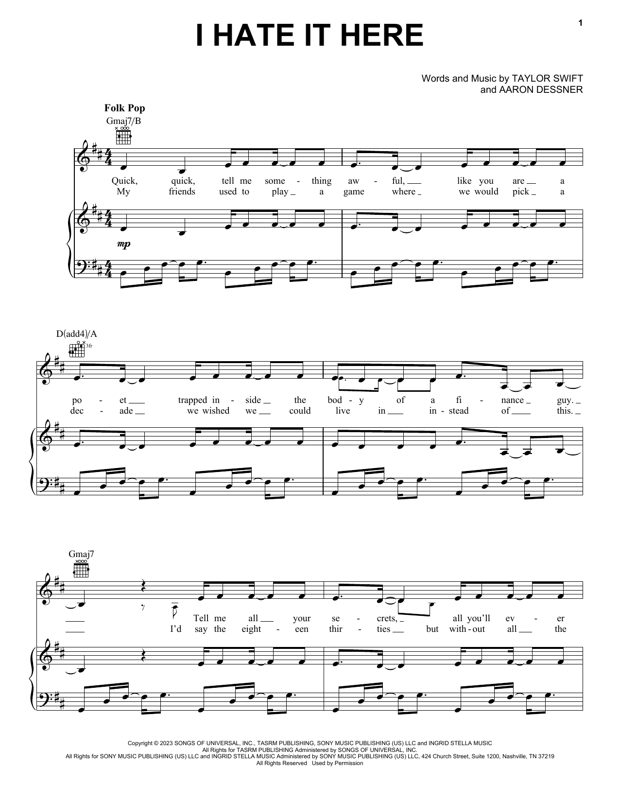 Taylor Swift I Hate It Here Sheet Music Notes & Chords for Piano, Vocal & Guitar Chords (Right-Hand Melody) - Download or Print PDF