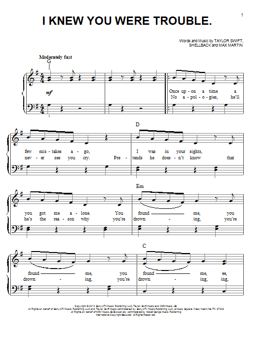 Taylor Swift I Knew You Were Trouble Sheet Music Notes & Chords for Really Easy Guitar - Download or Print PDF