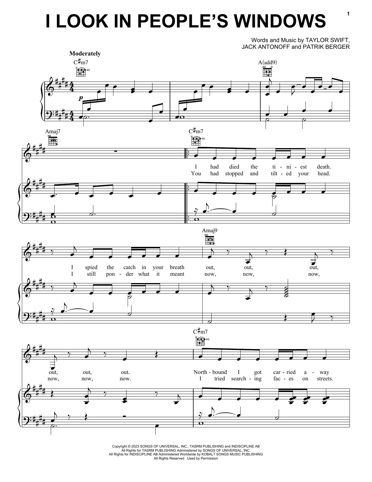 Taylor Swift I Look in People's Windows Sheet Music Notes & Chords for Piano, Vocal & Guitar Chords (Right-Hand Melody) - Download or Print PDF