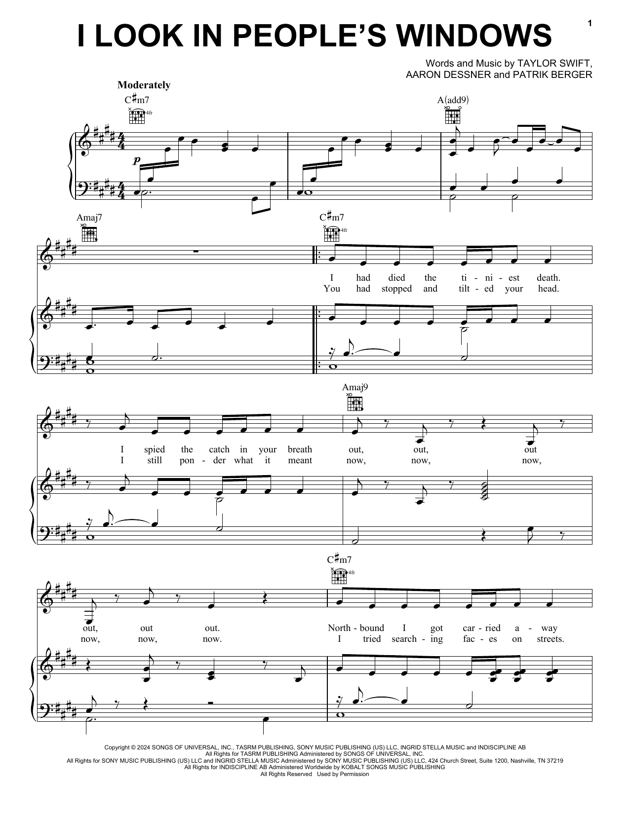 Taylor Swift I Look in People's Windows Sheet Music Notes & Chords for Piano, Vocal & Guitar Chords (Right-Hand Melody) - Download or Print PDF