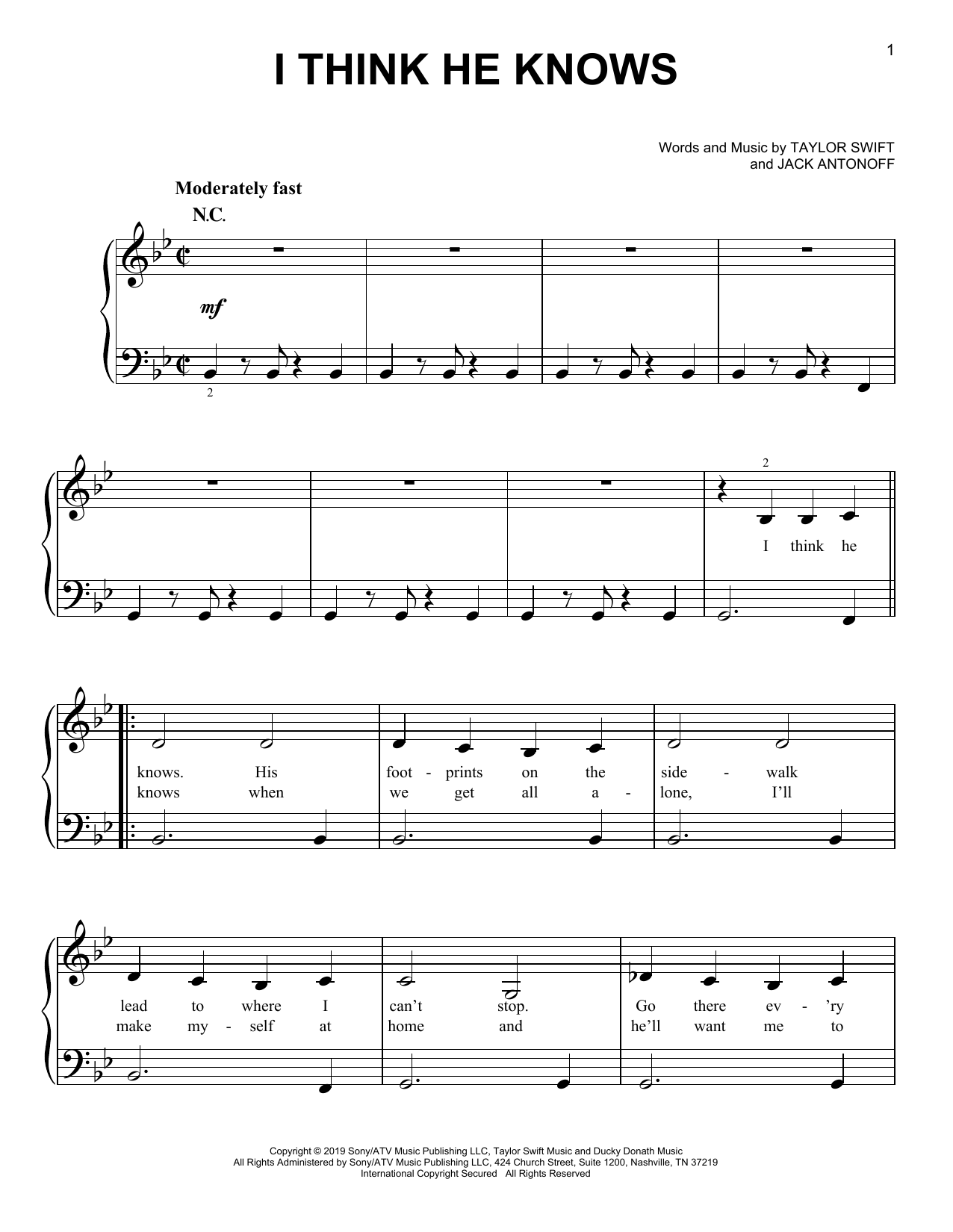 Taylor Swift I Think He Knows Sheet Music Notes & Chords for Piano, Vocal & Guitar (Right-Hand Melody) - Download or Print PDF