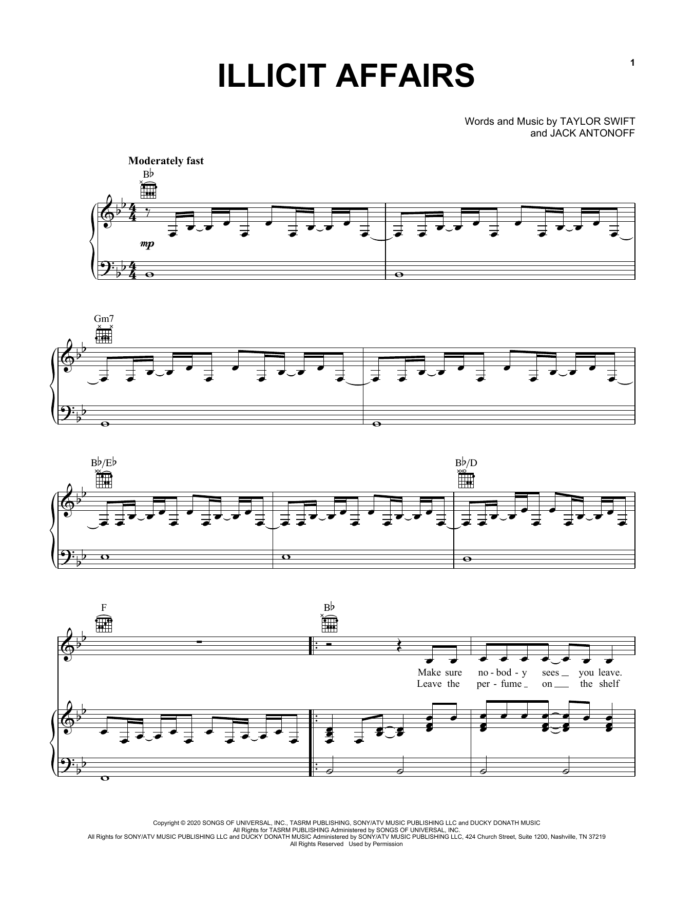 Taylor Swift illicit affairs Sheet Music Notes & Chords for Piano, Vocal & Guitar (Right-Hand Melody) - Download or Print PDF