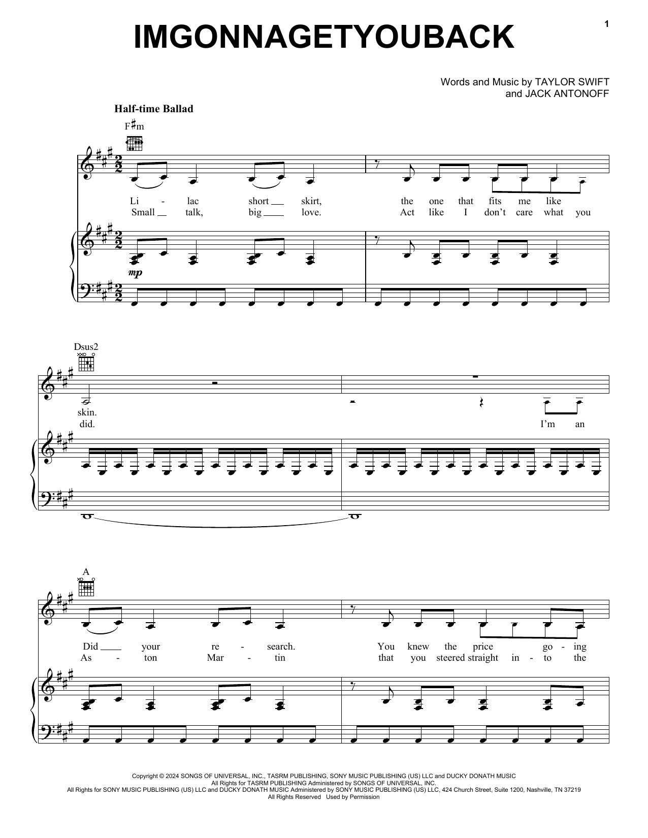 Taylor Swift imgonnagetyouback Sheet Music Notes & Chords for Piano, Vocal & Guitar Chords (Right-Hand Melody) - Download or Print PDF