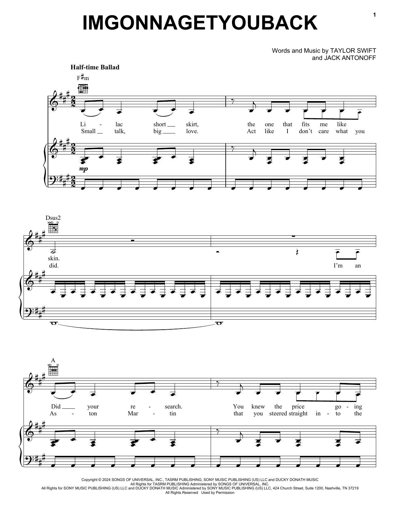 Taylor Swift imgonnagetyouback Sheet Music Notes & Chords for Piano, Vocal & Guitar Chords (Right-Hand Melody) - Download or Print PDF