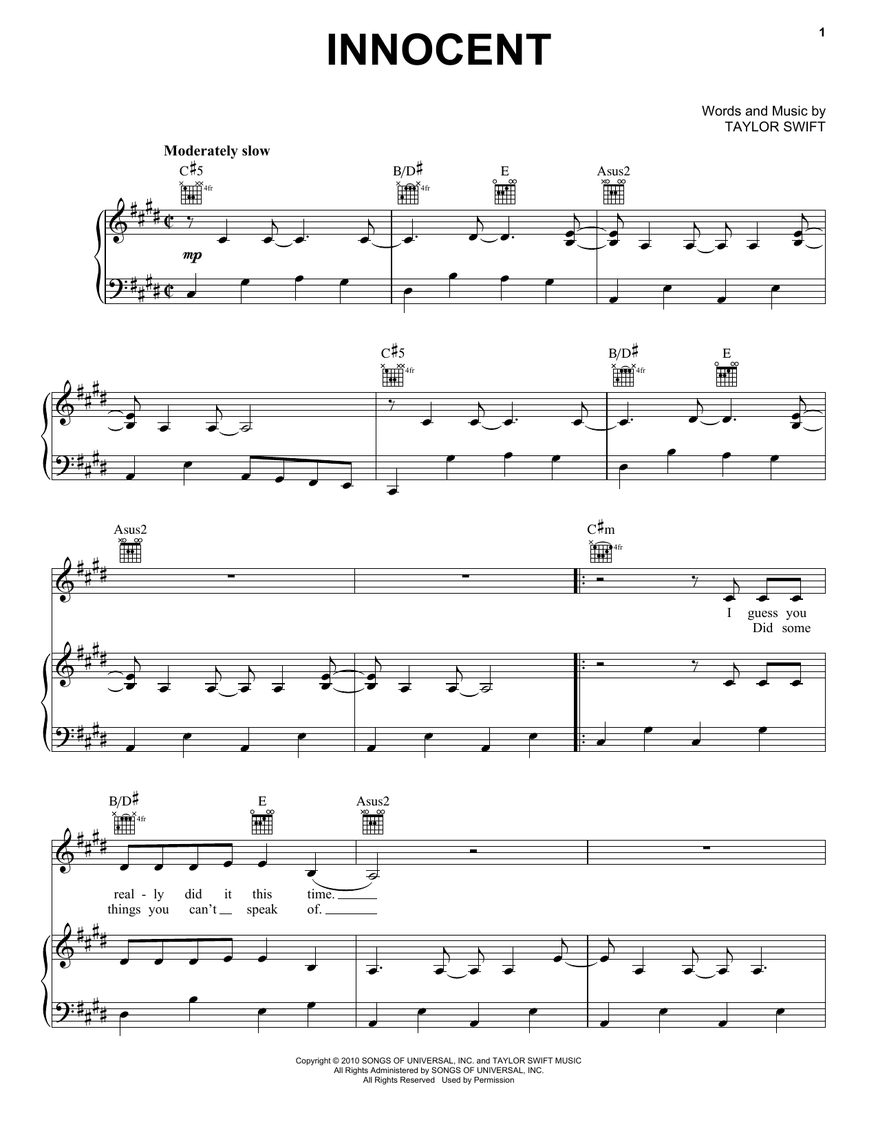 Taylor Swift Innocent Sheet Music Notes & Chords for Lyrics & Chords - Download or Print PDF