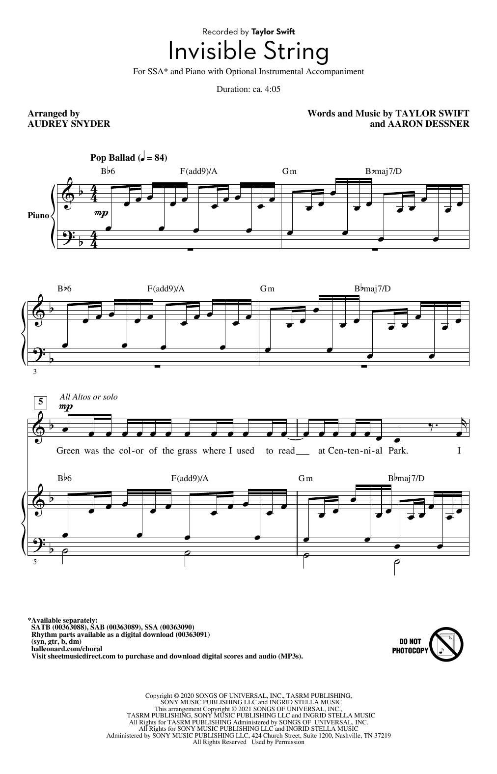 Taylor Swift invisible string (arr. Audrey Snyder) Sheet Music Notes & Chords for SSA Choir - Download or Print PDF