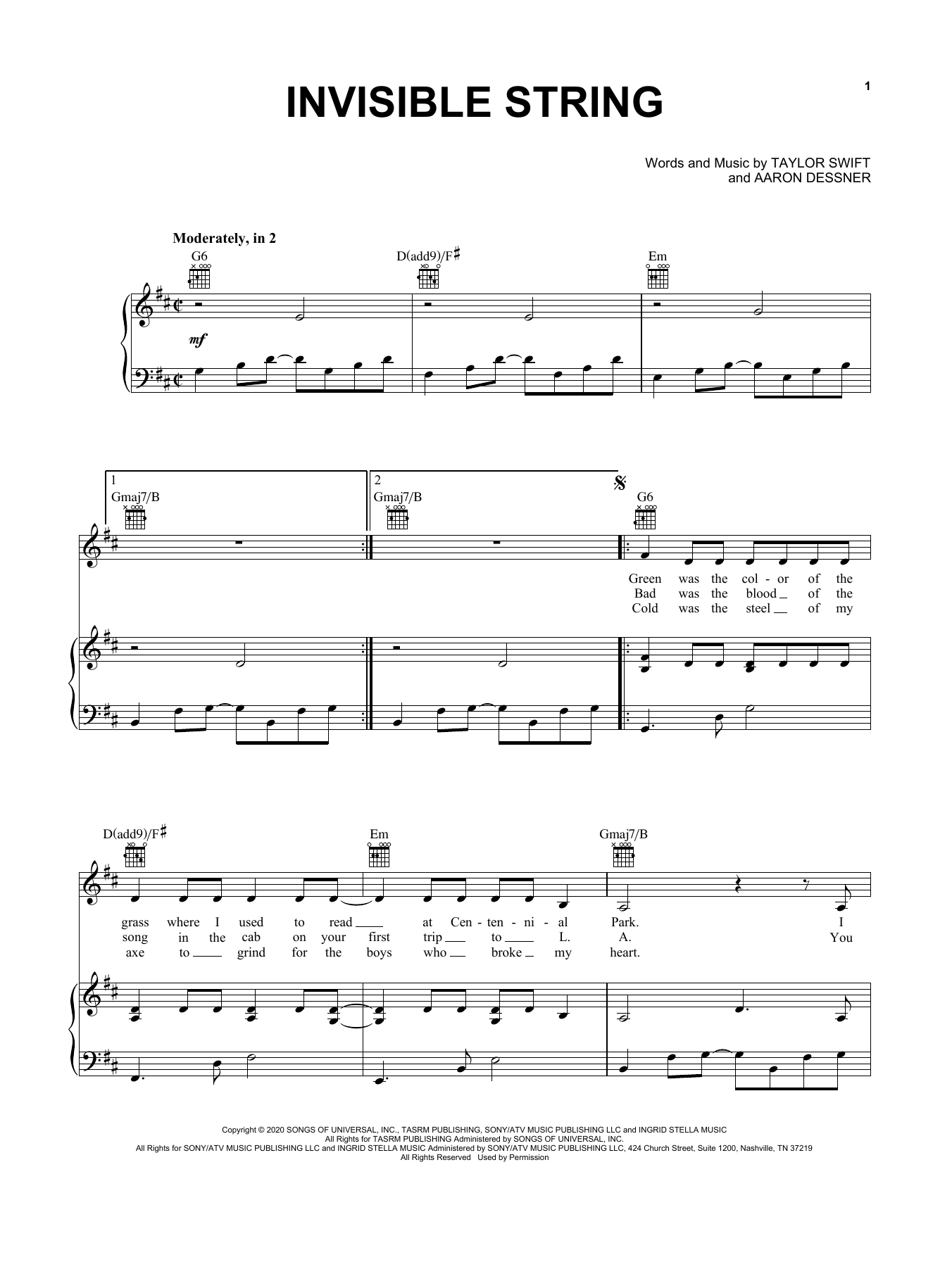 Taylor Swift invisible string Sheet Music Notes & Chords for Piano, Vocal & Guitar (Right-Hand Melody) - Download or Print PDF
