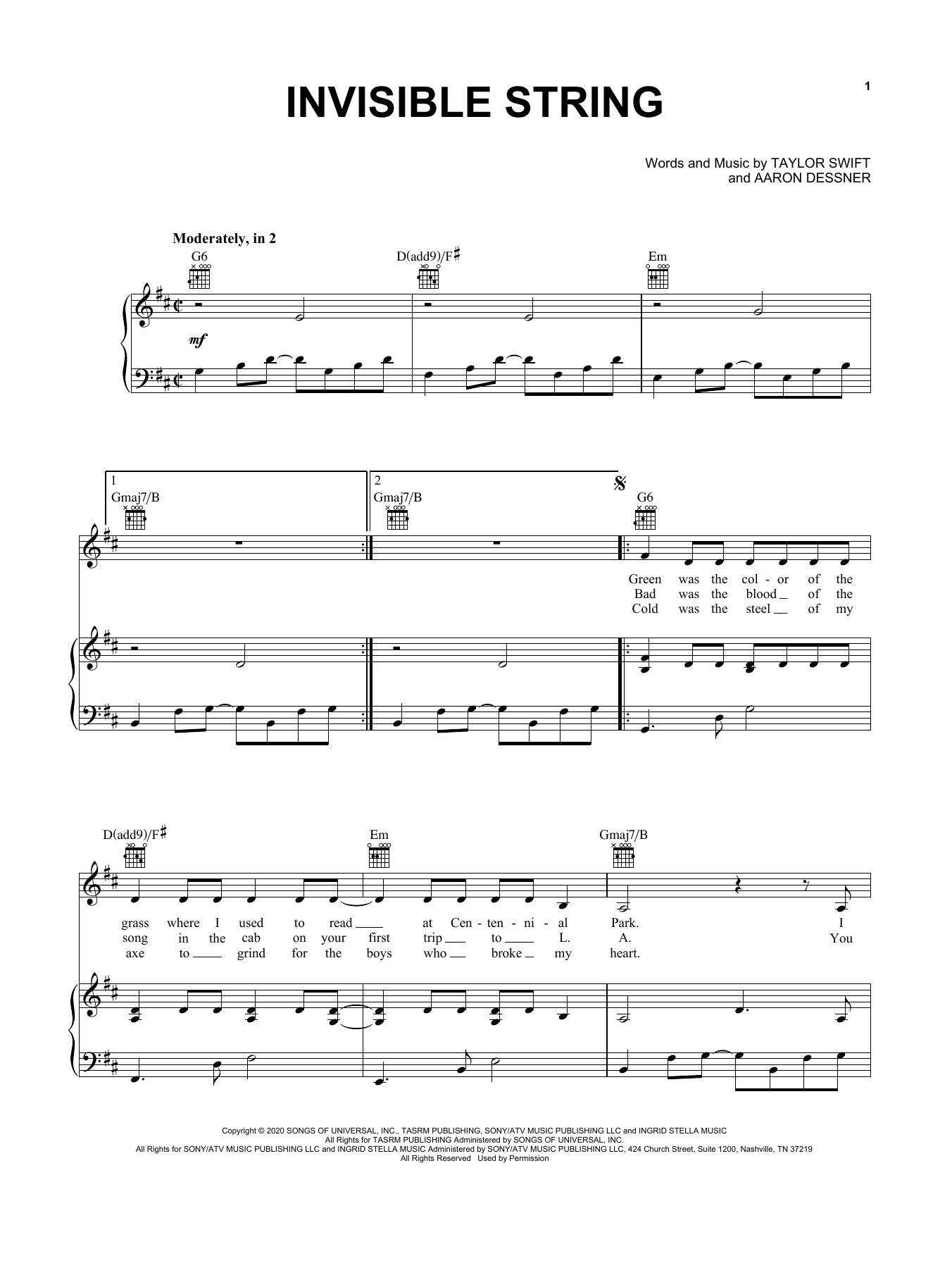 Taylor Swift invisible string Sheet Music Notes & Chords for Easy Piano - Download or Print PDF