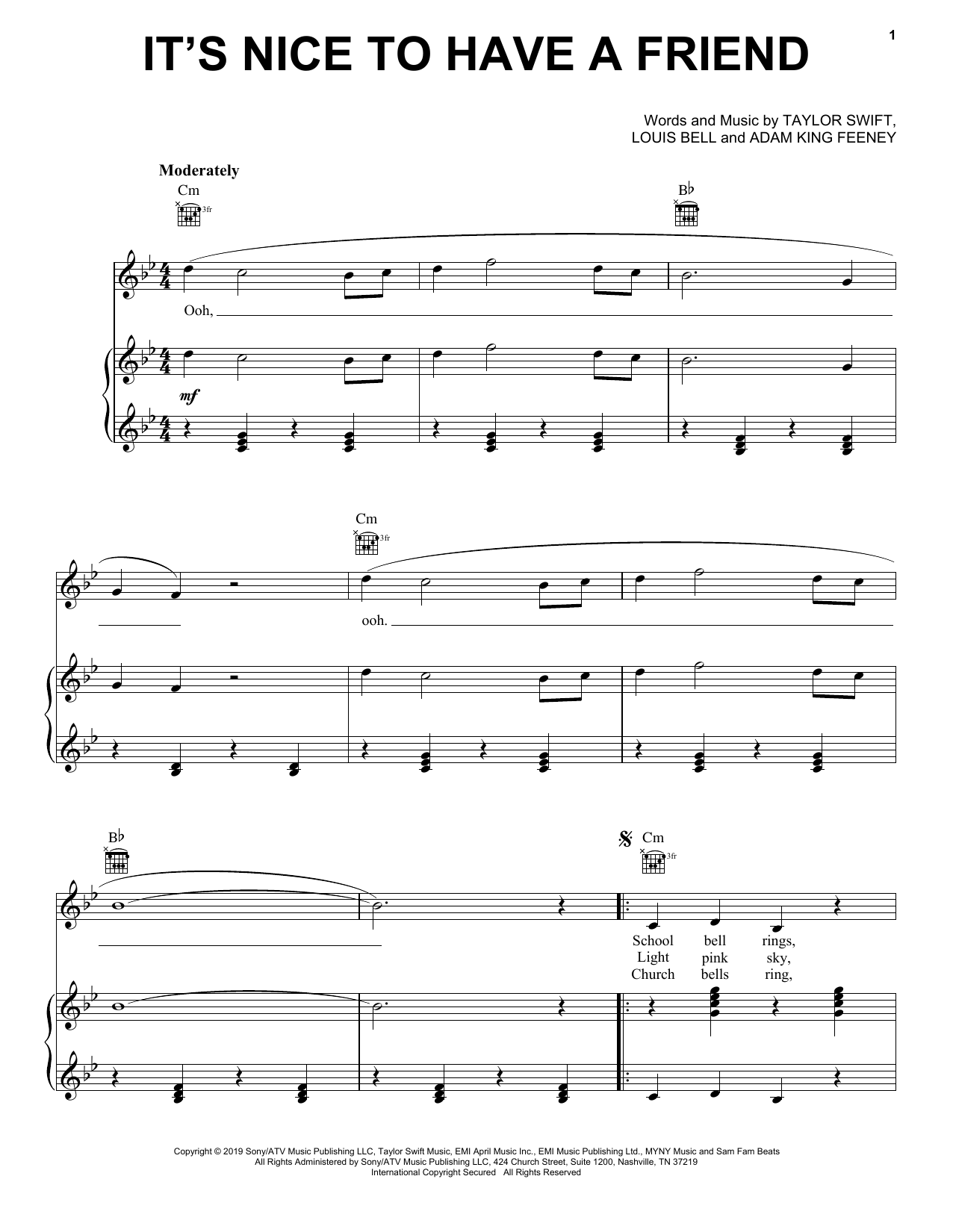 Taylor Swift It's Nice To Have A Friend Sheet Music Notes & Chords for Easy Piano - Download or Print PDF