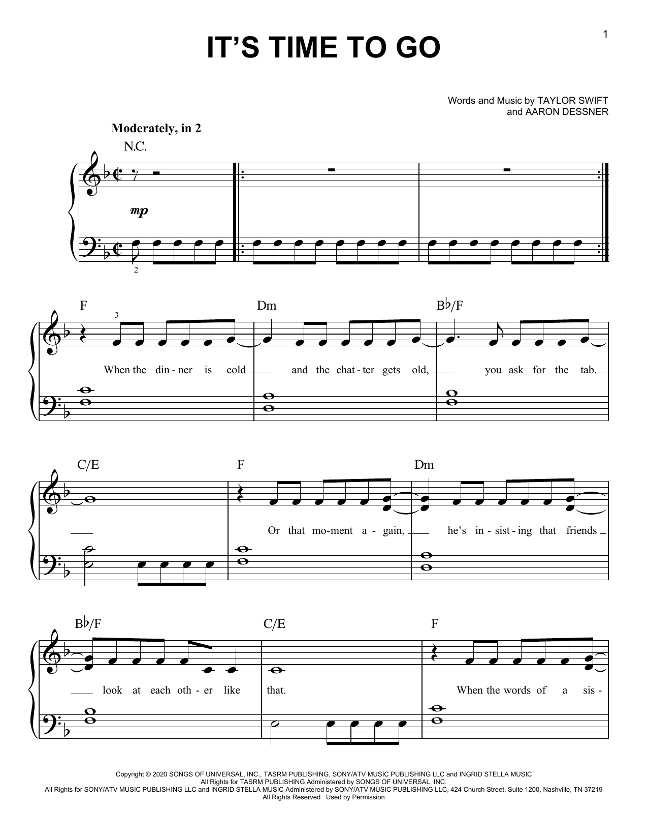 Taylor Swift it's time to go Sheet Music Notes & Chords for Easy Piano - Download or Print PDF