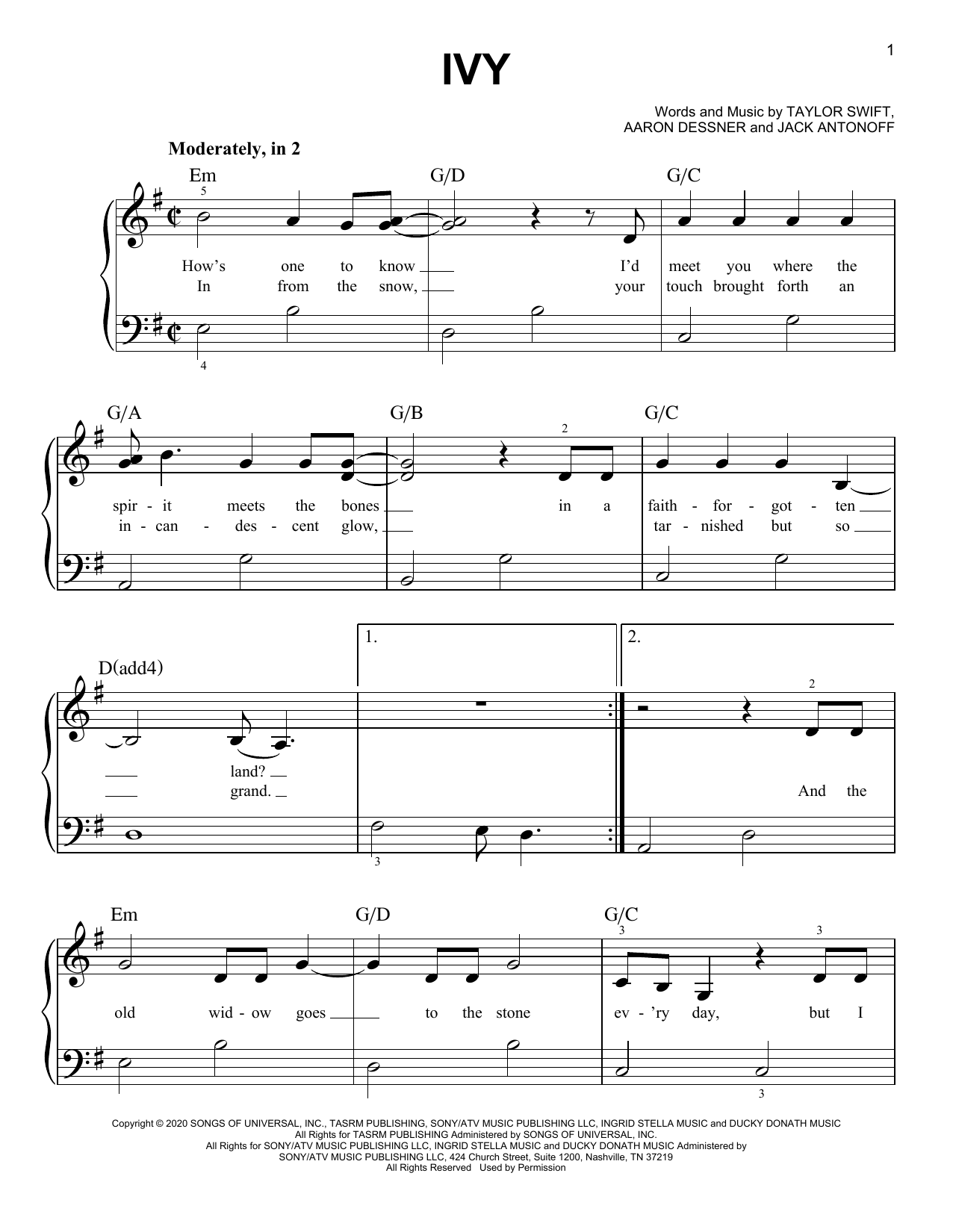 Taylor Swift ivy Sheet Music Notes & Chords for Easy Piano - Download or Print PDF