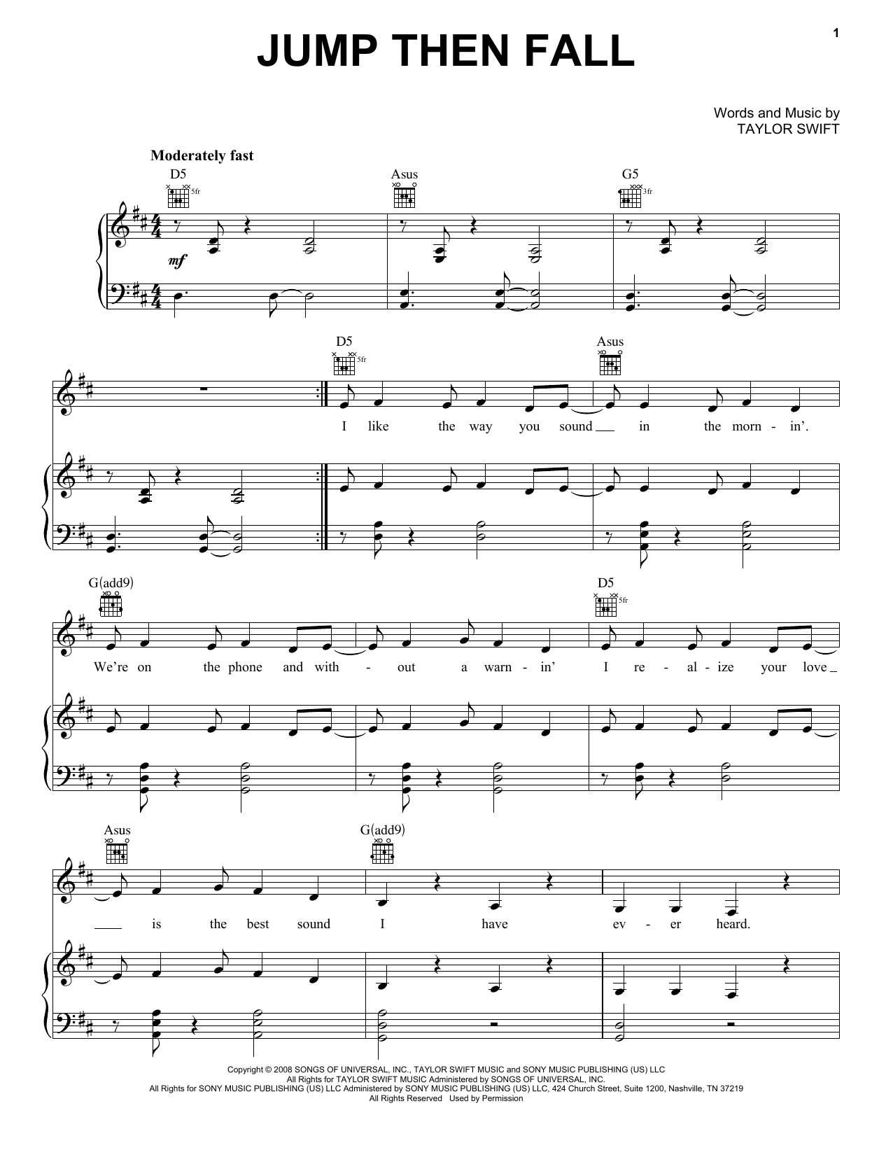 Taylor Swift Jump Then Fall (Taylor's Version) Sheet Music Notes & Chords for Piano, Vocal & Guitar Chords (Right-Hand Melody) - Download or Print PDF