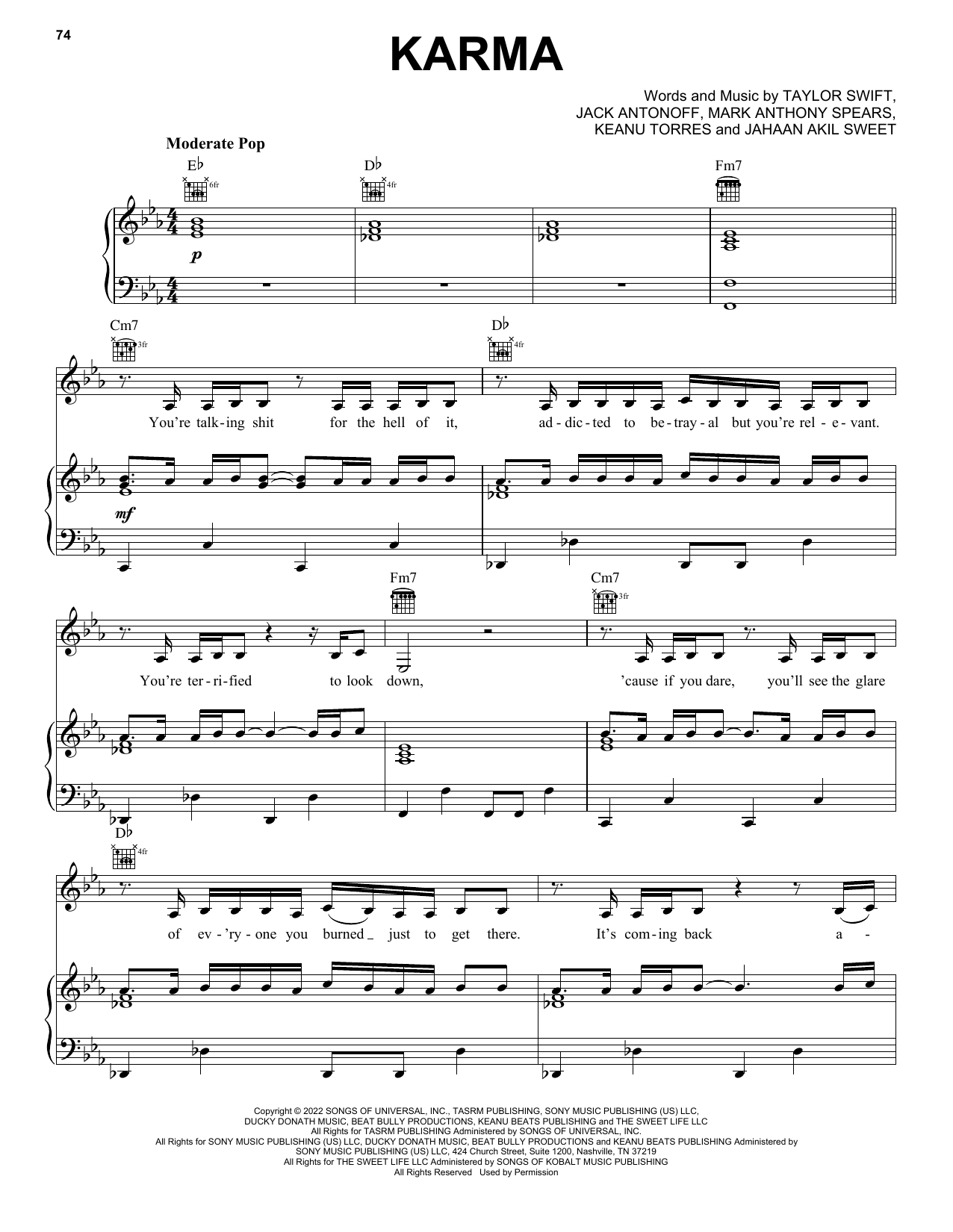 Taylor Swift Karma Sheet Music Notes & Chords for Easy Piano - Download or Print PDF
