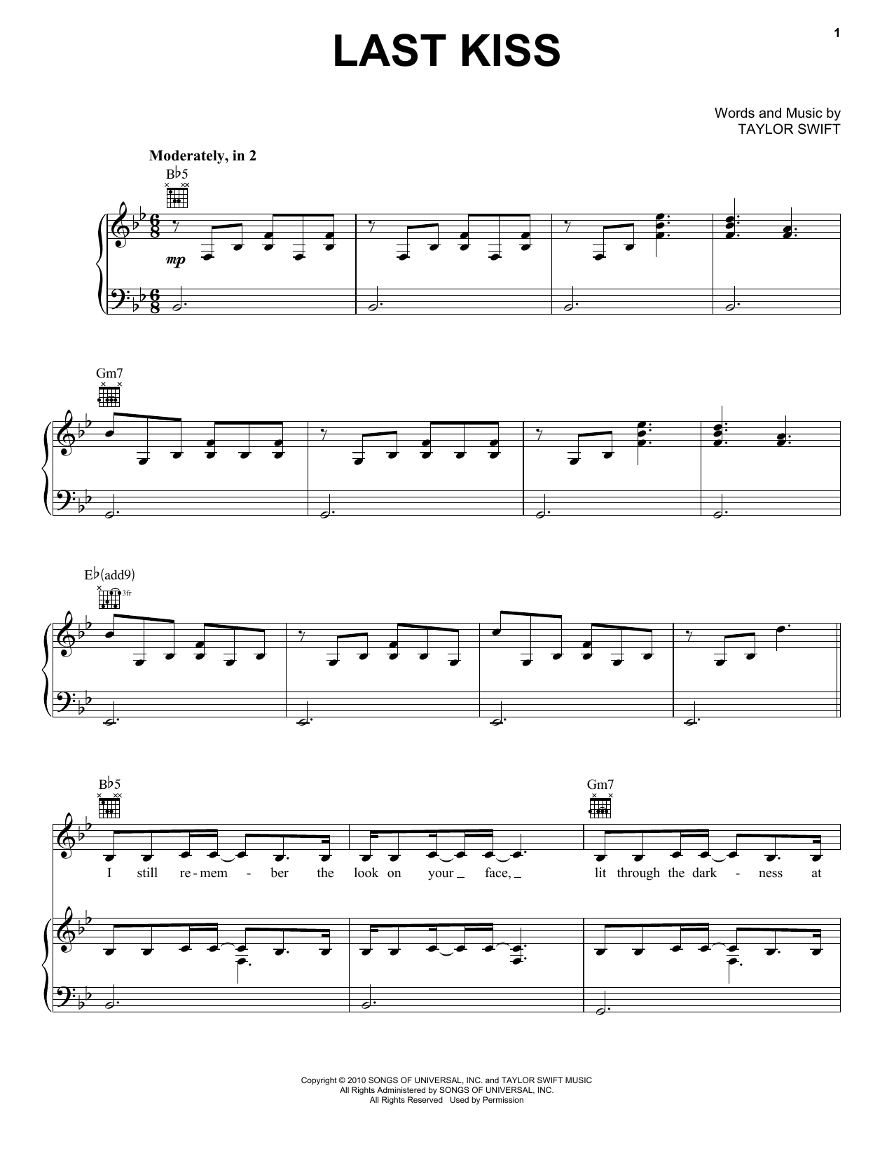 Taylor Swift Last Kiss Sheet Music Notes & Chords for Lyrics & Chords - Download or Print PDF