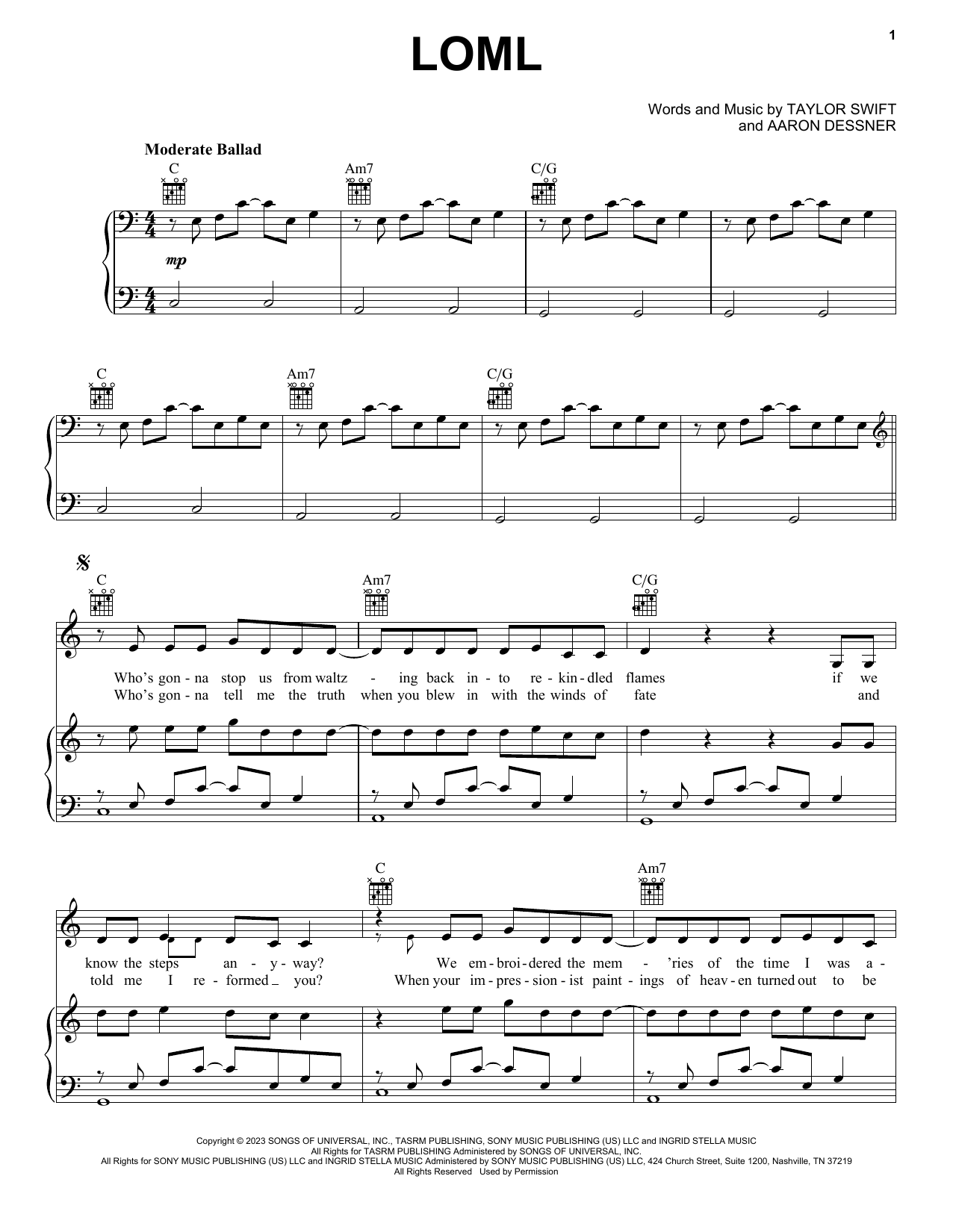 Taylor Swift Loml Sheet Music Notes & Chords for Piano, Vocal & Guitar Chords (Right-Hand Melody) - Download or Print PDF