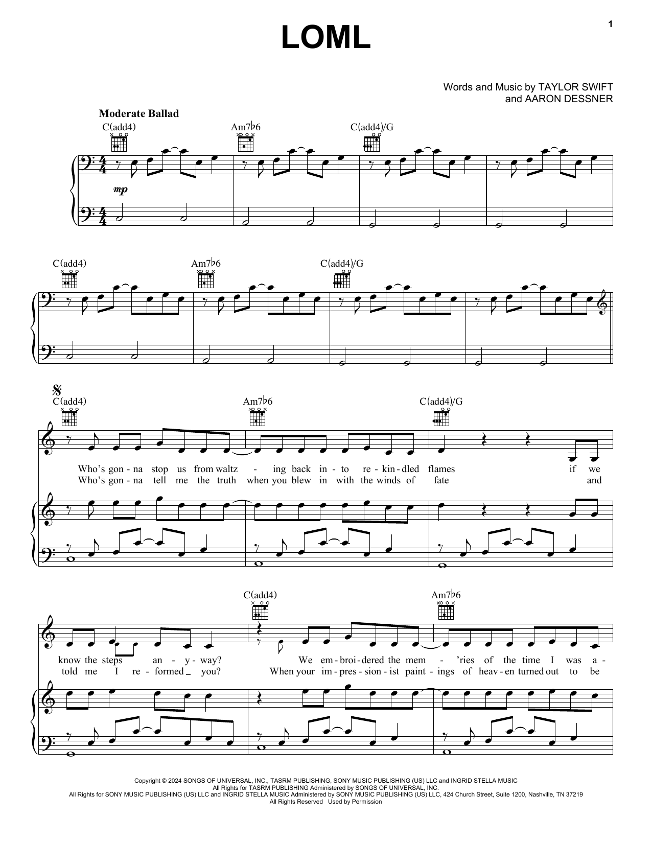 Taylor Swift Loml Sheet Music Notes & Chords for Piano, Vocal & Guitar Chords (Right-Hand Melody) - Download or Print PDF
