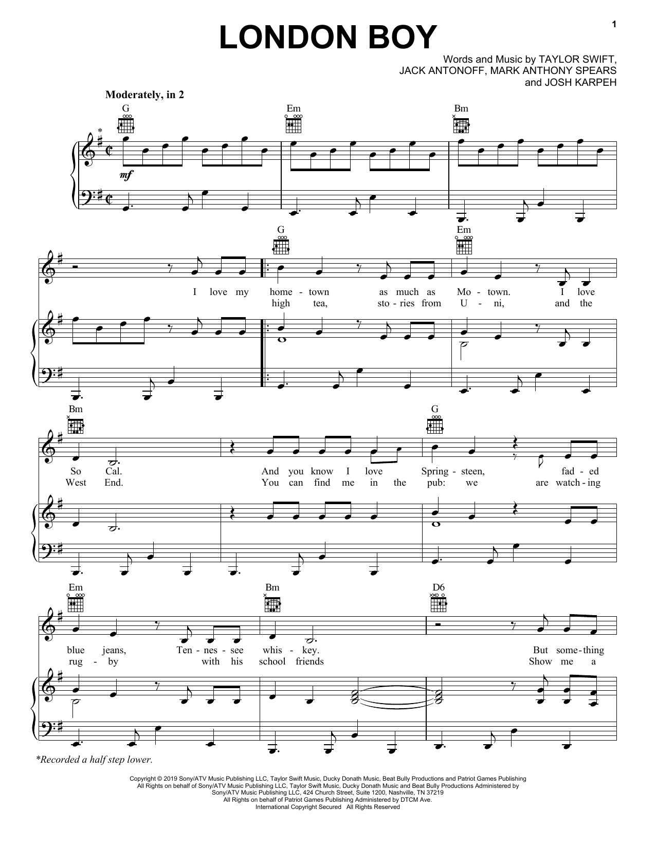 Taylor Swift London Boy Sheet Music Notes & Chords for Piano, Vocal & Guitar (Right-Hand Melody) - Download or Print PDF
