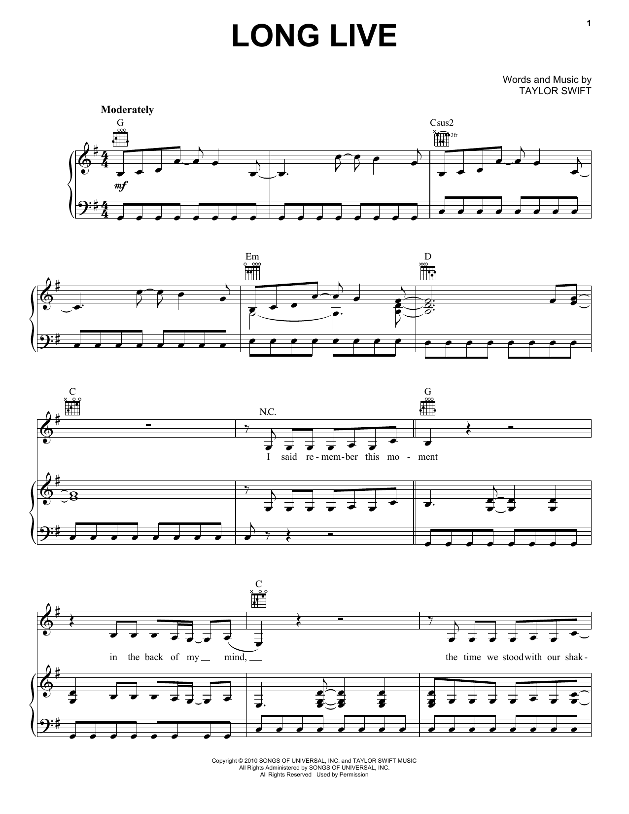 Taylor Swift Long Live Sheet Music Notes & Chords for Easy Piano - Download or Print PDF