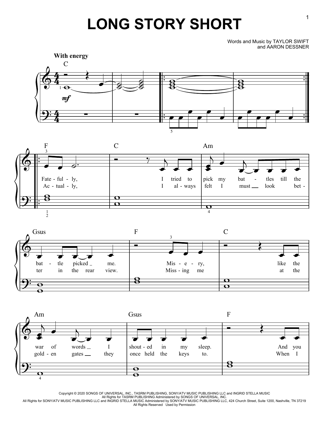 Taylor Swift long story short Sheet Music Notes & Chords for Easy Piano - Download or Print PDF