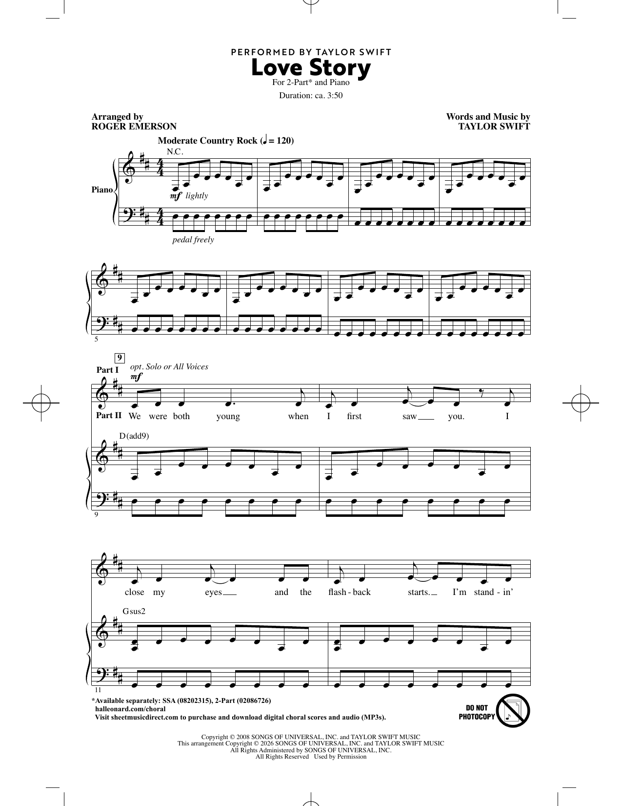 Taylor Swift Love Story (arr. Roger Emerson) Sheet Music Notes & Chords for 2-Part Choir - Download or Print PDF