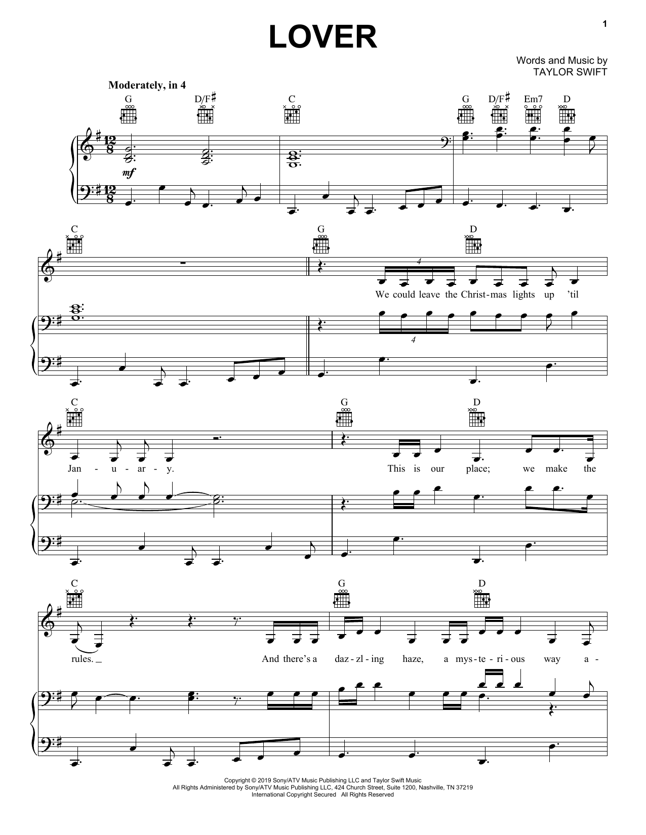 Taylor Swift Lover Sheet Music Notes & Chords for Easy Piano - Download or Print PDF