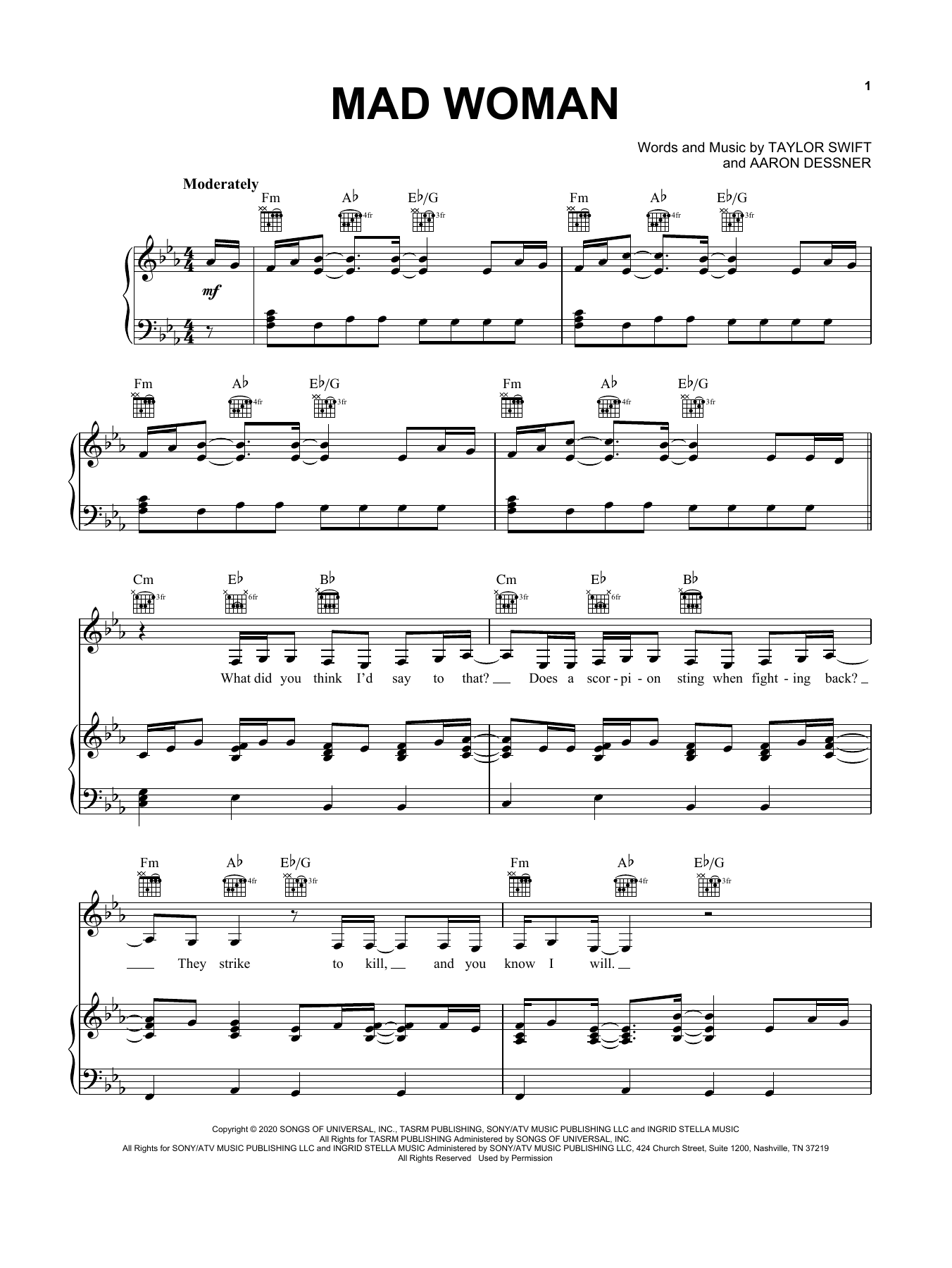 Taylor Swift mad woman Sheet Music Notes & Chords for Piano, Vocal & Guitar (Right-Hand Melody) - Download or Print PDF