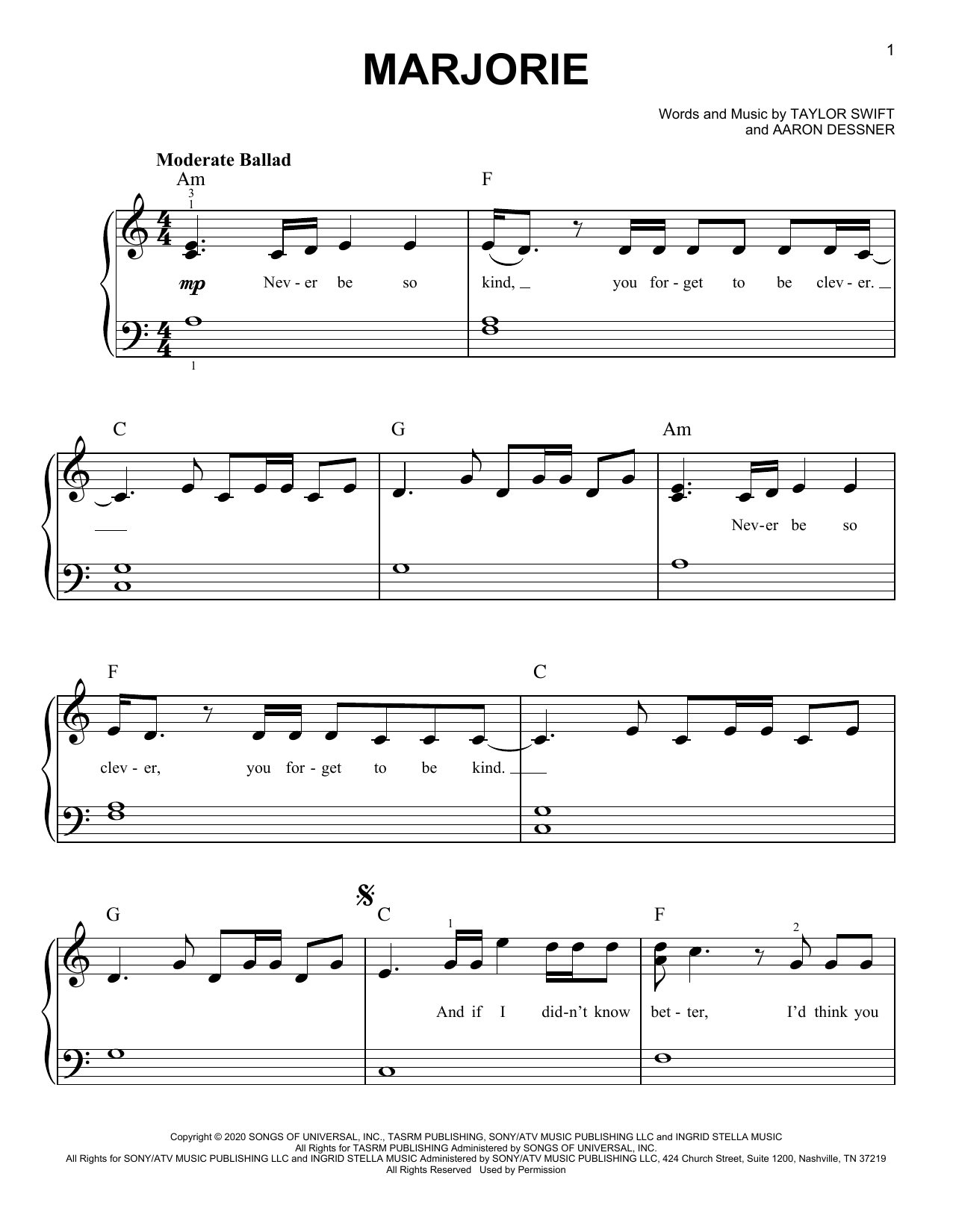 Taylor Swift marjorie Sheet Music Notes & Chords for Easy Piano - Download or Print PDF