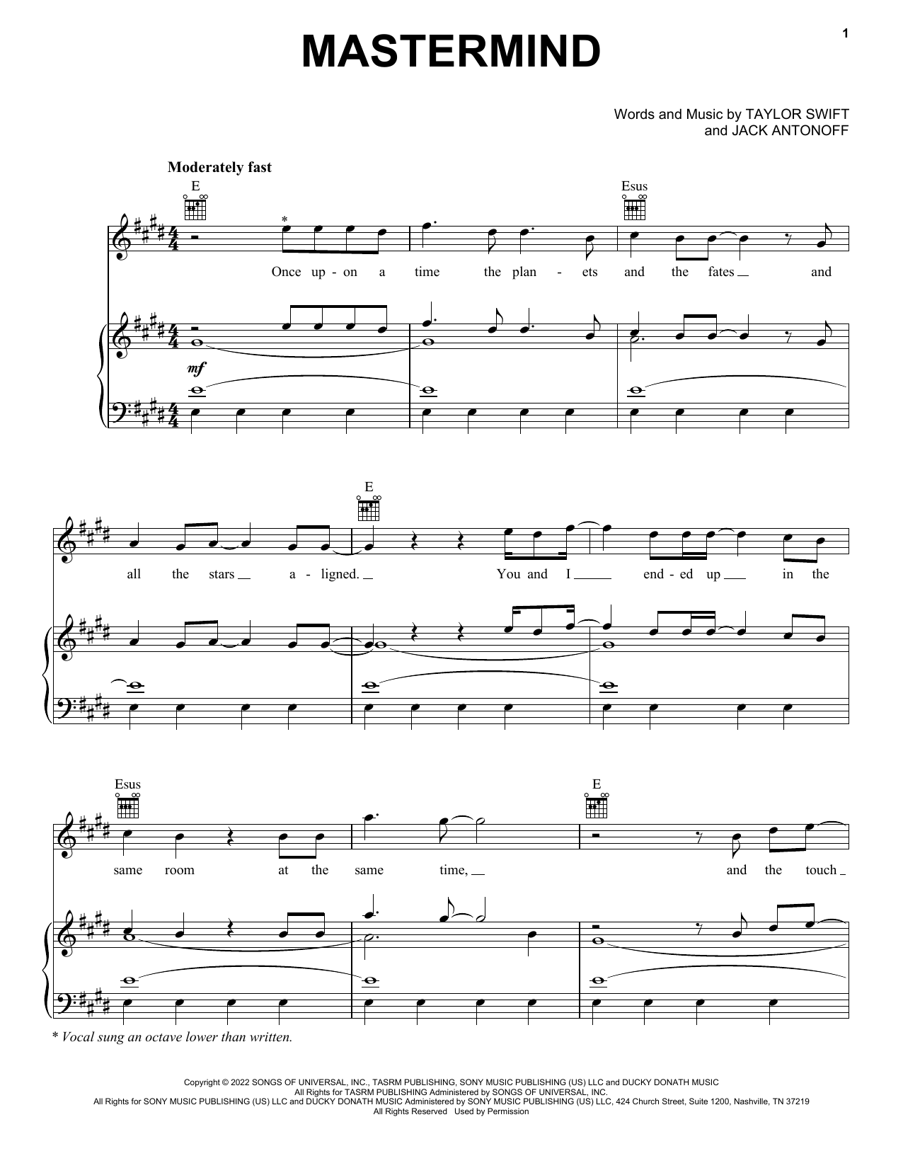 Taylor Swift Mastermind Sheet Music Notes & Chords for Piano, Vocal & Guitar Chords (Right-Hand Melody) - Download or Print PDF