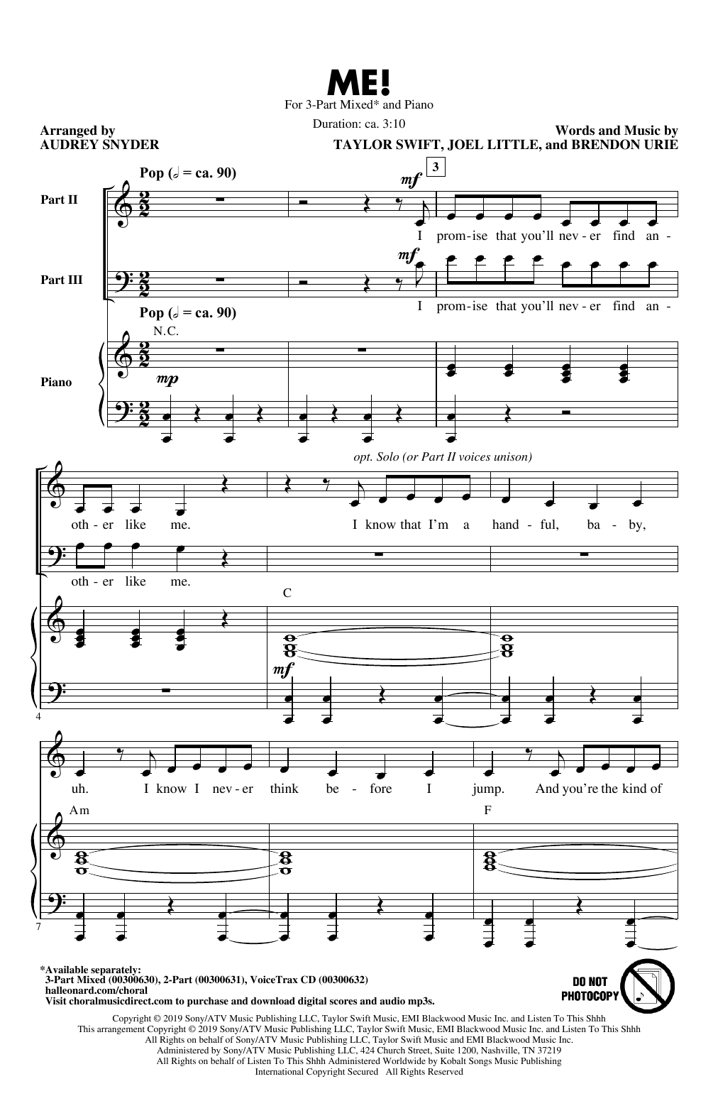 Taylor Swift ME! (arr. Audrey Snyder) Sheet Music Notes & Chords for 3-Part Mixed Choir - Download or Print PDF