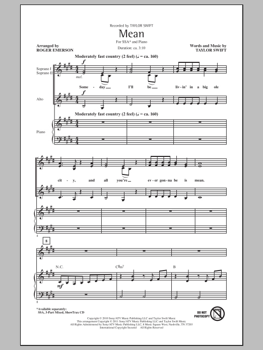 Taylor Swift Mean (arr. Roger Emerson) Sheet Music Notes & Chords for 3-Part Mixed - Download or Print PDF