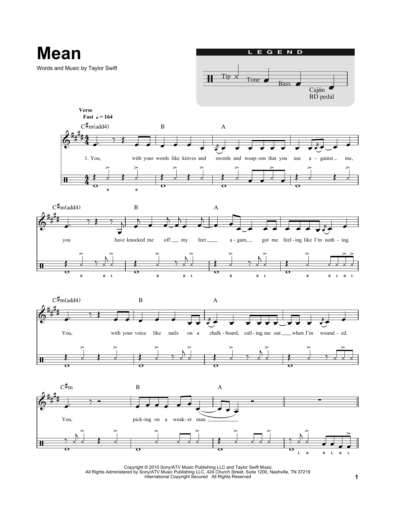Taylor Swift Mean Sheet Music Notes & Chords for Drums Transcription - Download or Print PDF