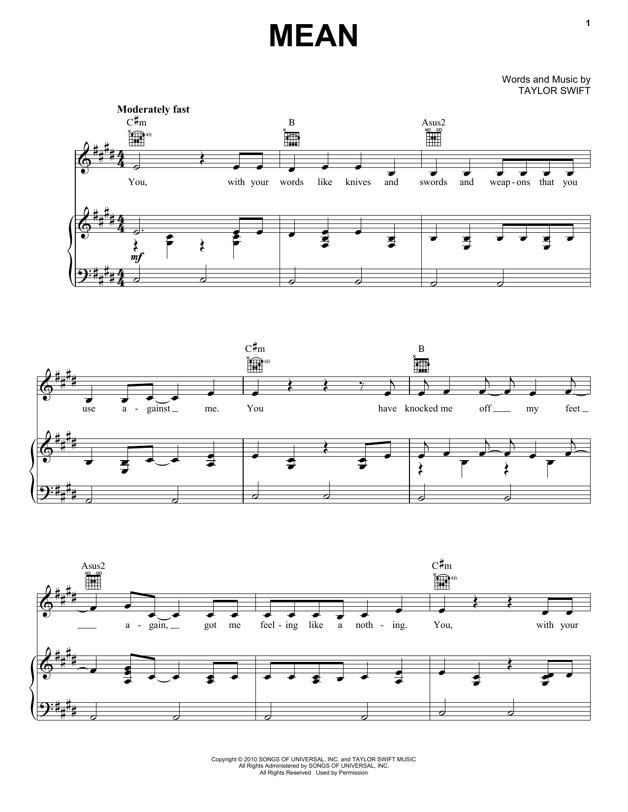 Taylor Swift Mean Sheet Music Notes & Chords for Piano (Big Notes) - Download or Print PDF
